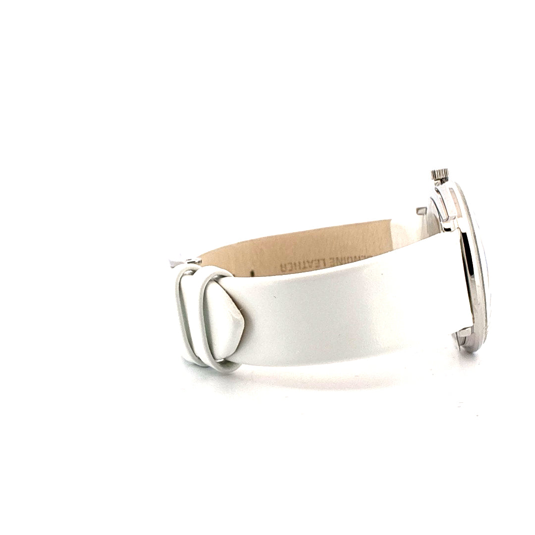 Junghans Max Bill Lady Automatik Damenuhr mit weißem Lederarmband in Seitenansicht