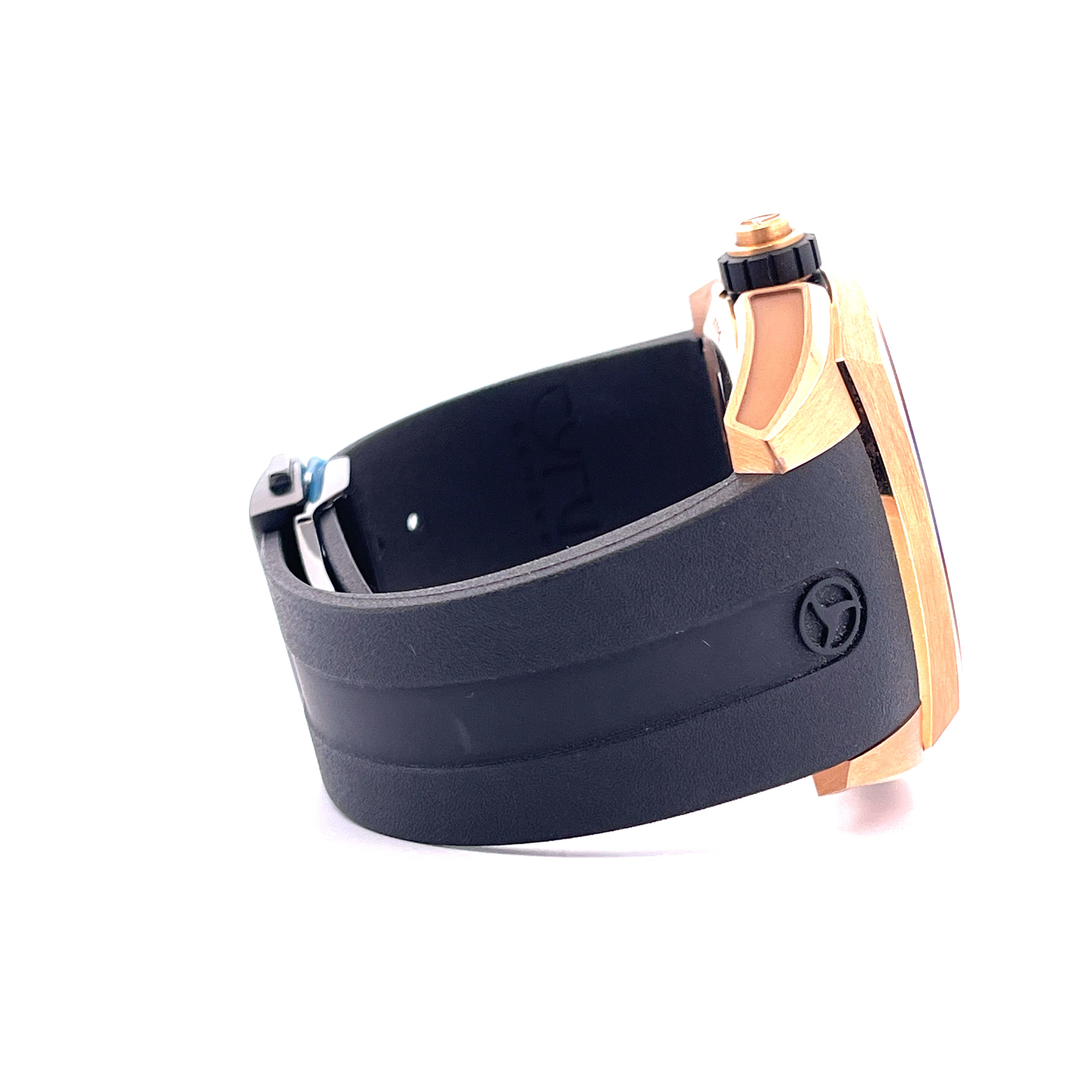 Cyrus Klepcys Chronograph Roségold Automatik mit schwarzem Kautschukarmband Seitenansicht