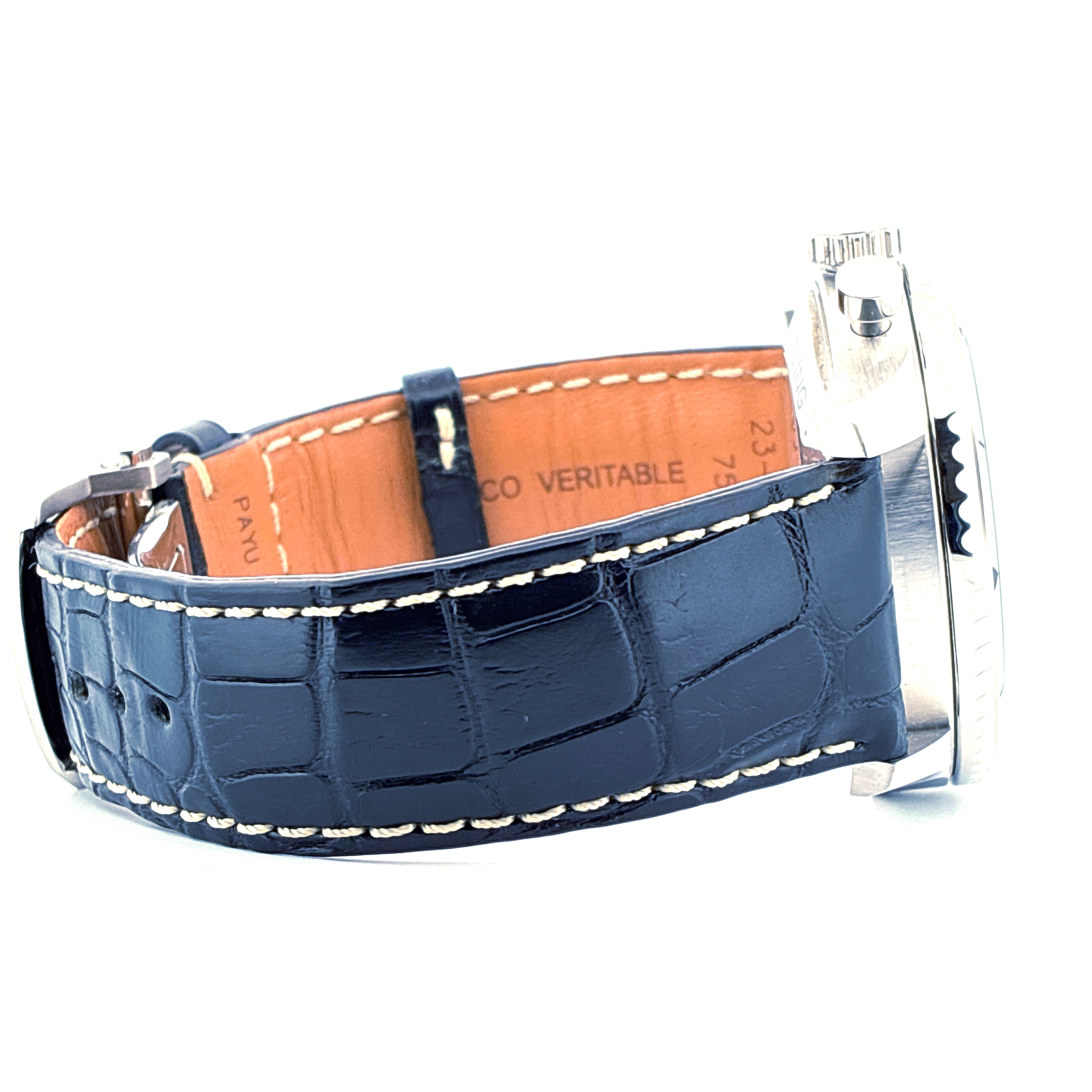 Breitling Aviator 8 B01 Chronograph 43 Stahl Automatik Armband Leder Krokodilleder schwarz Ansicht von der Seite