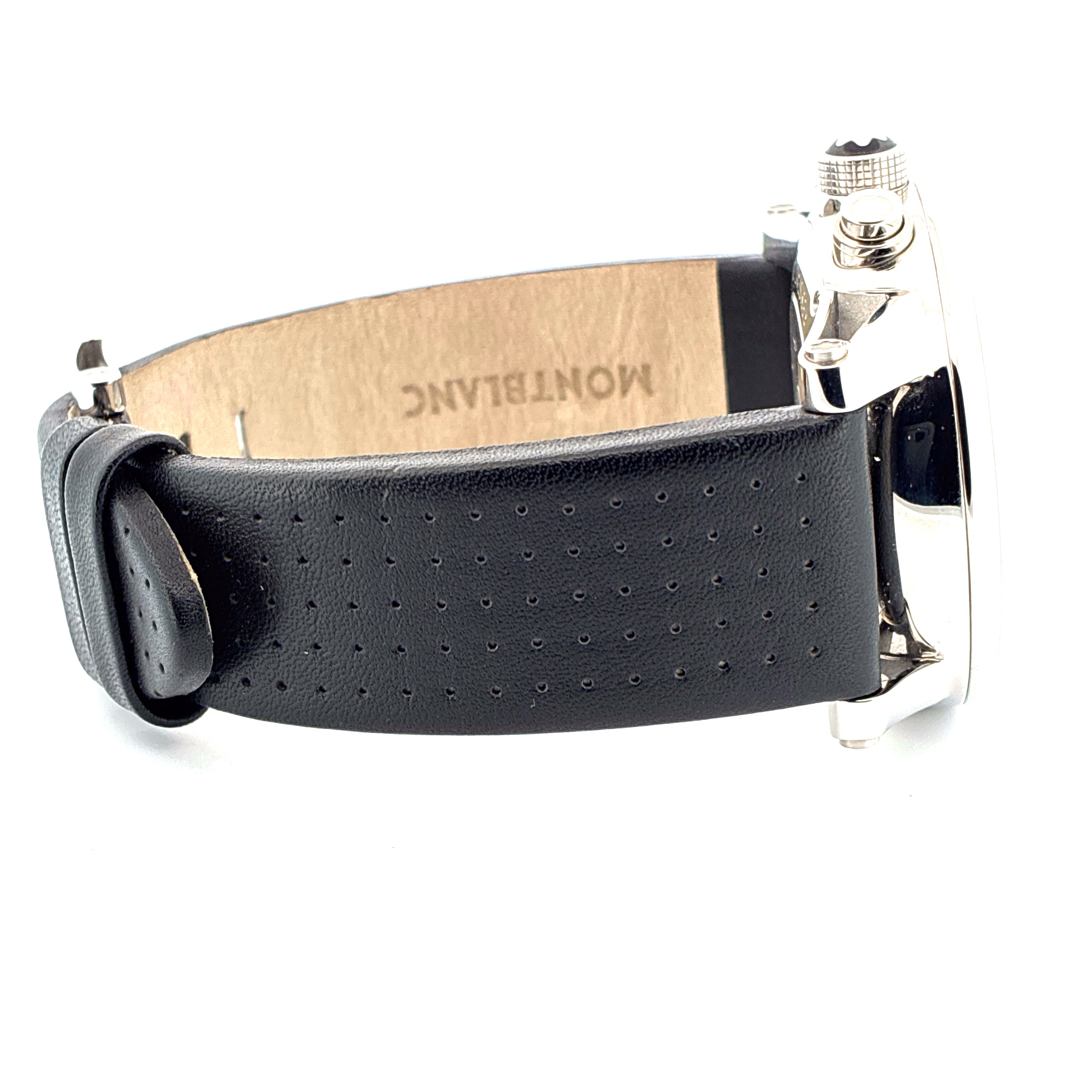 Montblanc Timewalker Chronograph Seitenansicht mit schwarzem Lederarmband und Edelstahlgehäuse