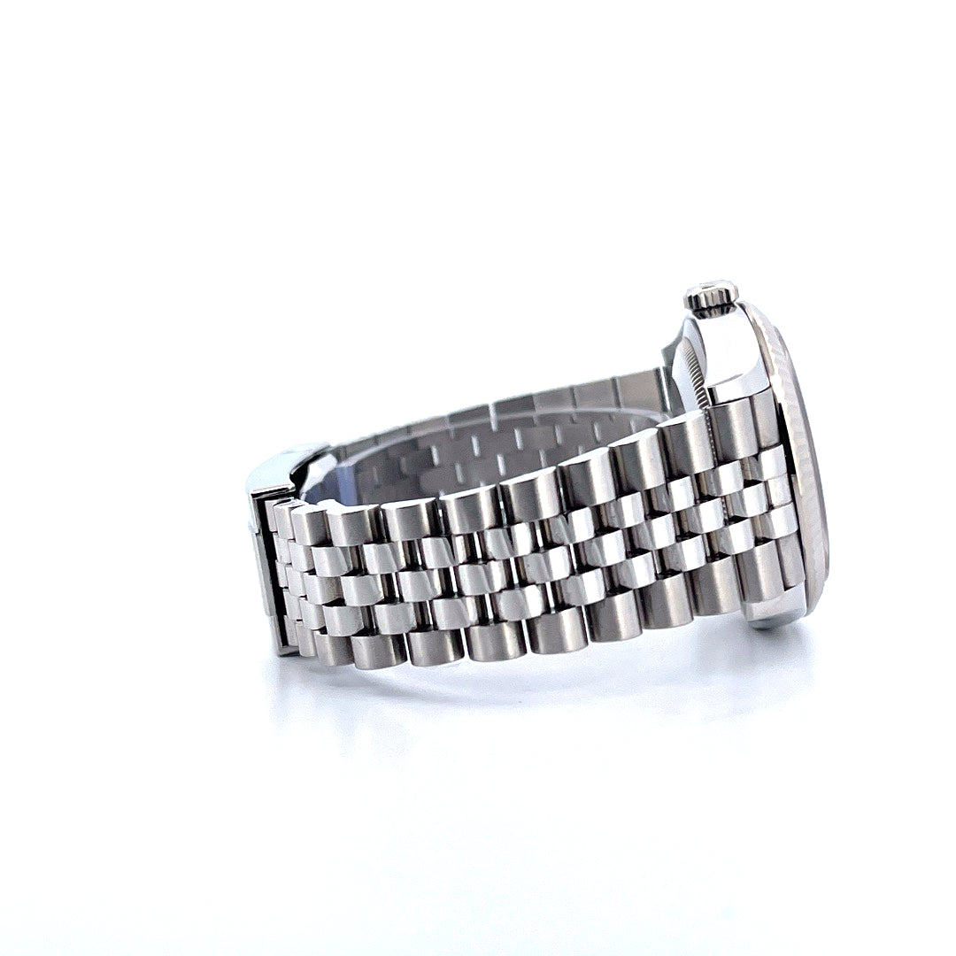 Side view of a Rolex Datejust 36 steel watch with a jubilee bracelet on a white background
