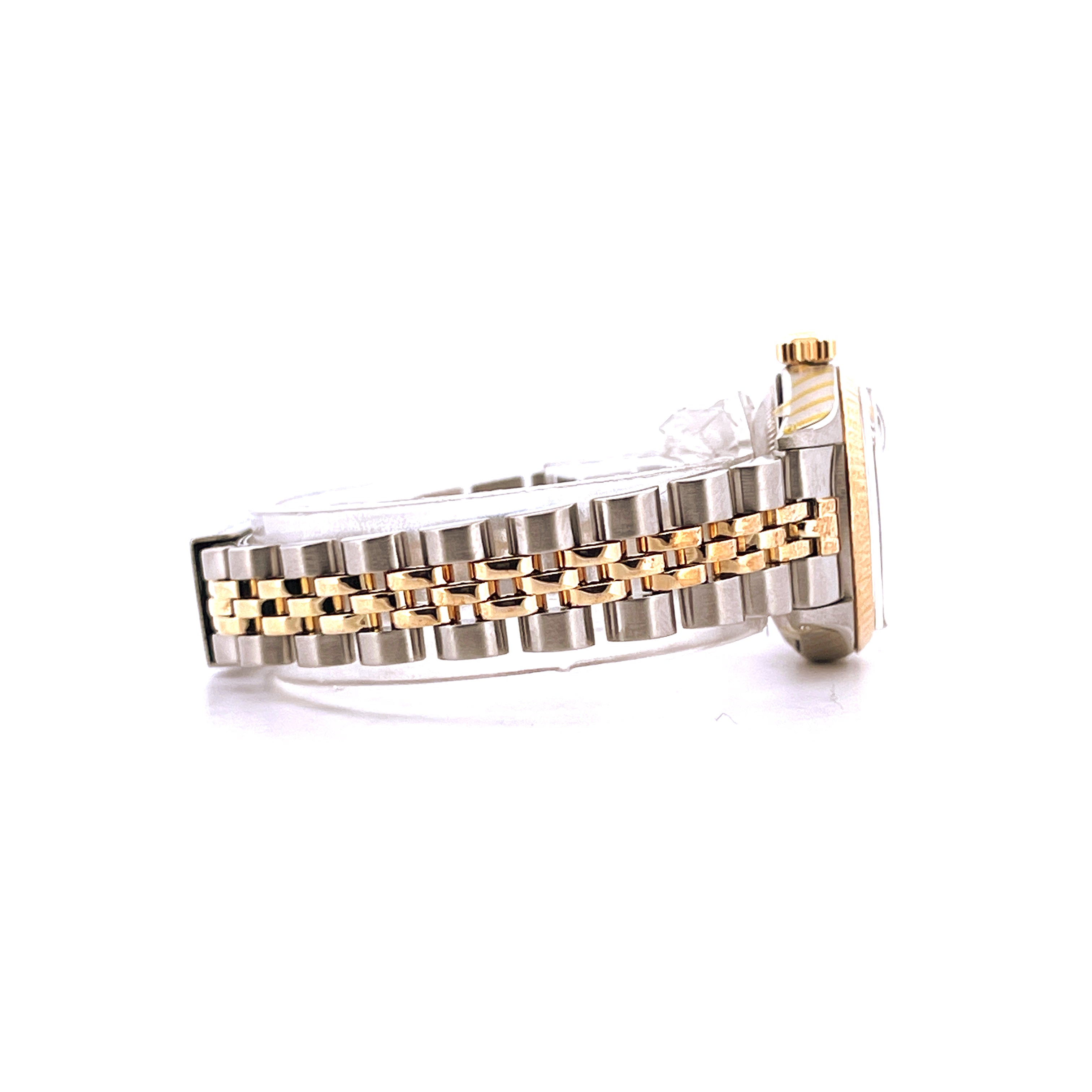 Rolex Lady-Datejust 26 mm Stahl-Gold-Armband in Seitenansicht auf weißem Hintergrund
