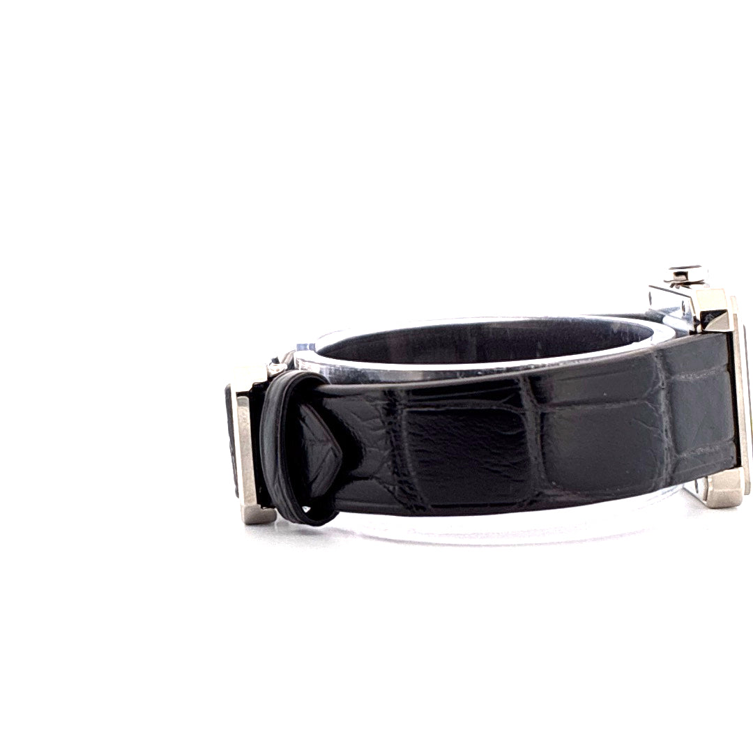 Chanel Boyfriend Uhr mit Diamanten aus Edelstahl und schwarzem Lederarmband Seitenansicht