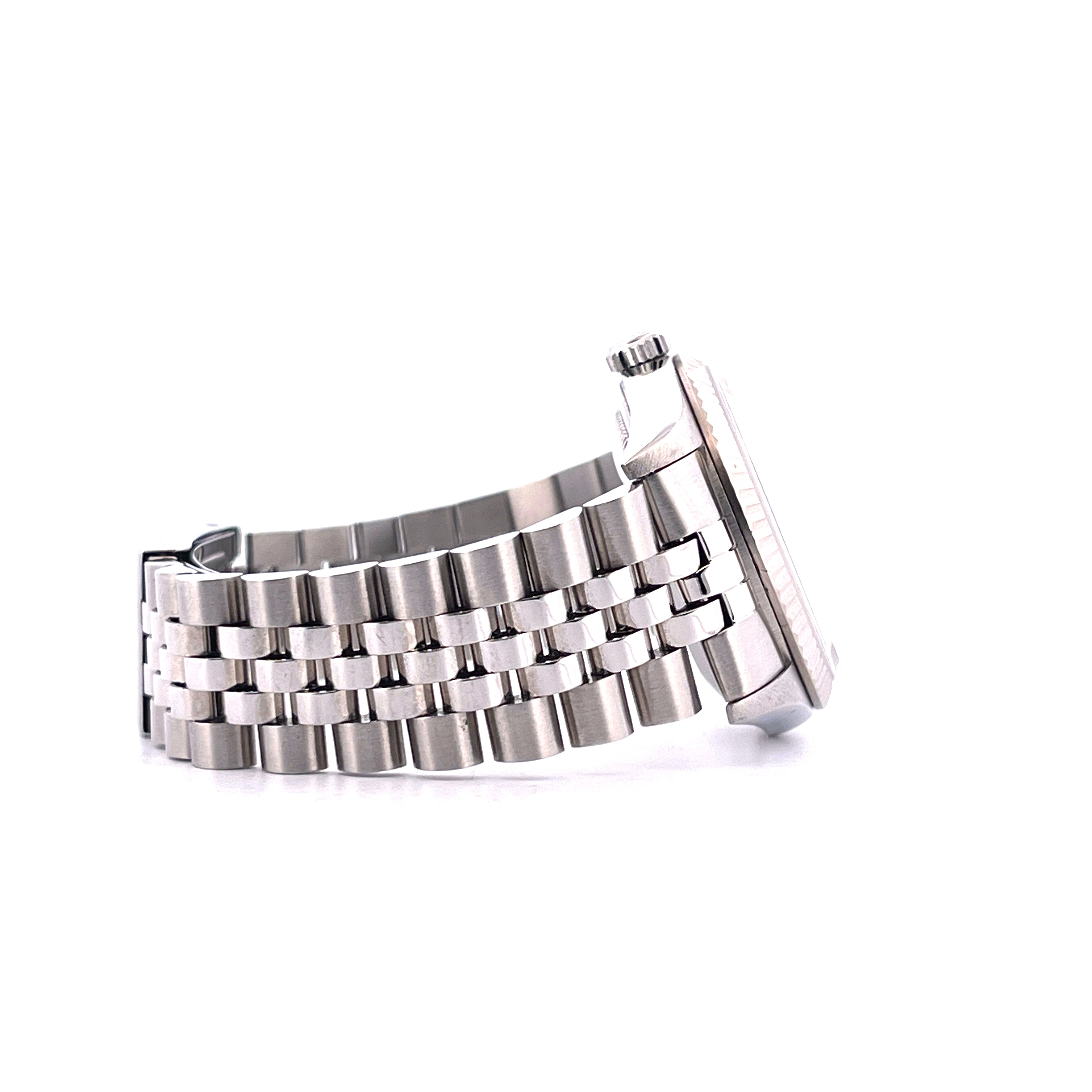 Rolex Datejust 36 mm Edelstahl, Seitenansicht des polierten Jubilee-Armbands und des Gehäuses