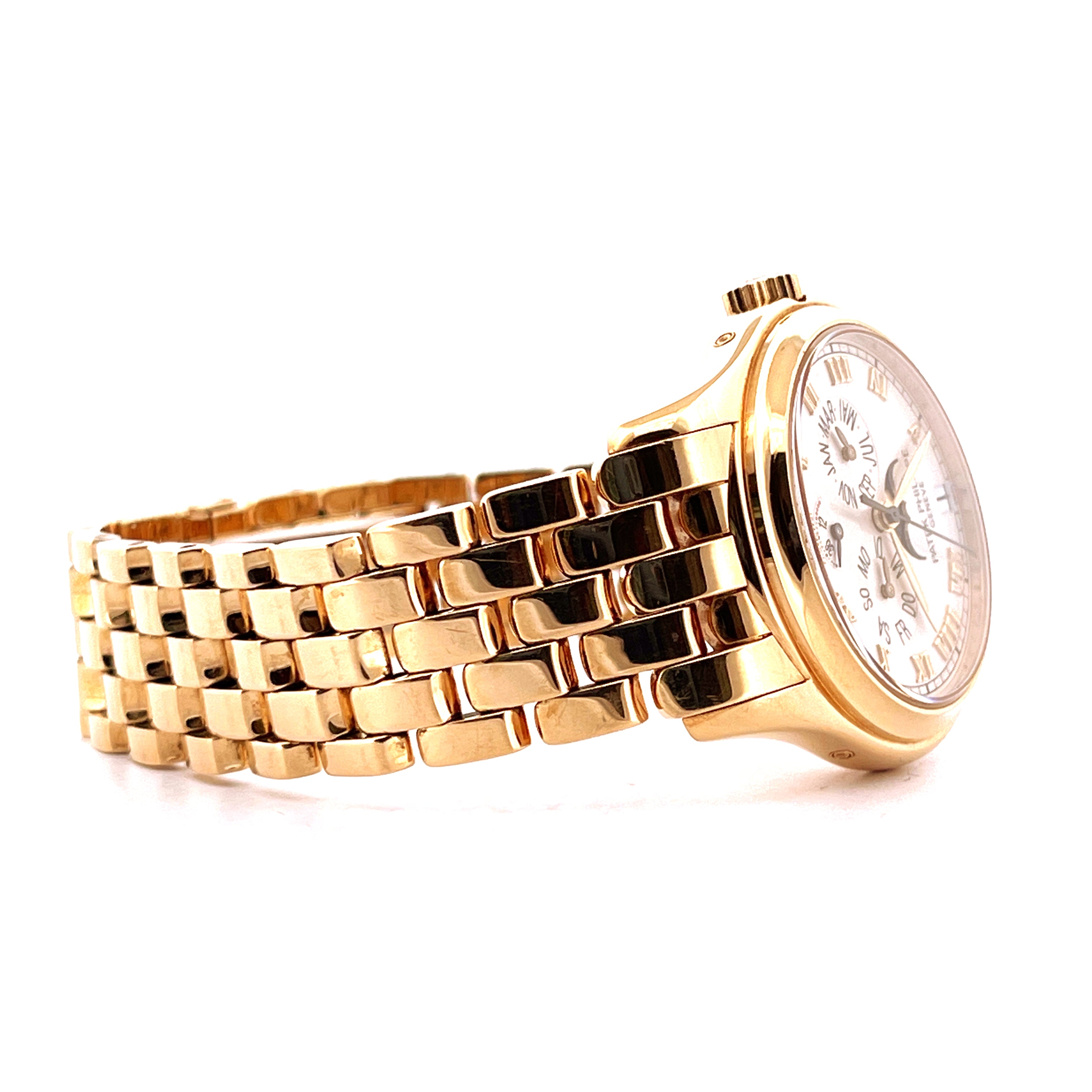 Patek Philippe Annual Calendar 5036/1J Gelbgold Uhr im Seitenprofil auf weißem Hintergrund