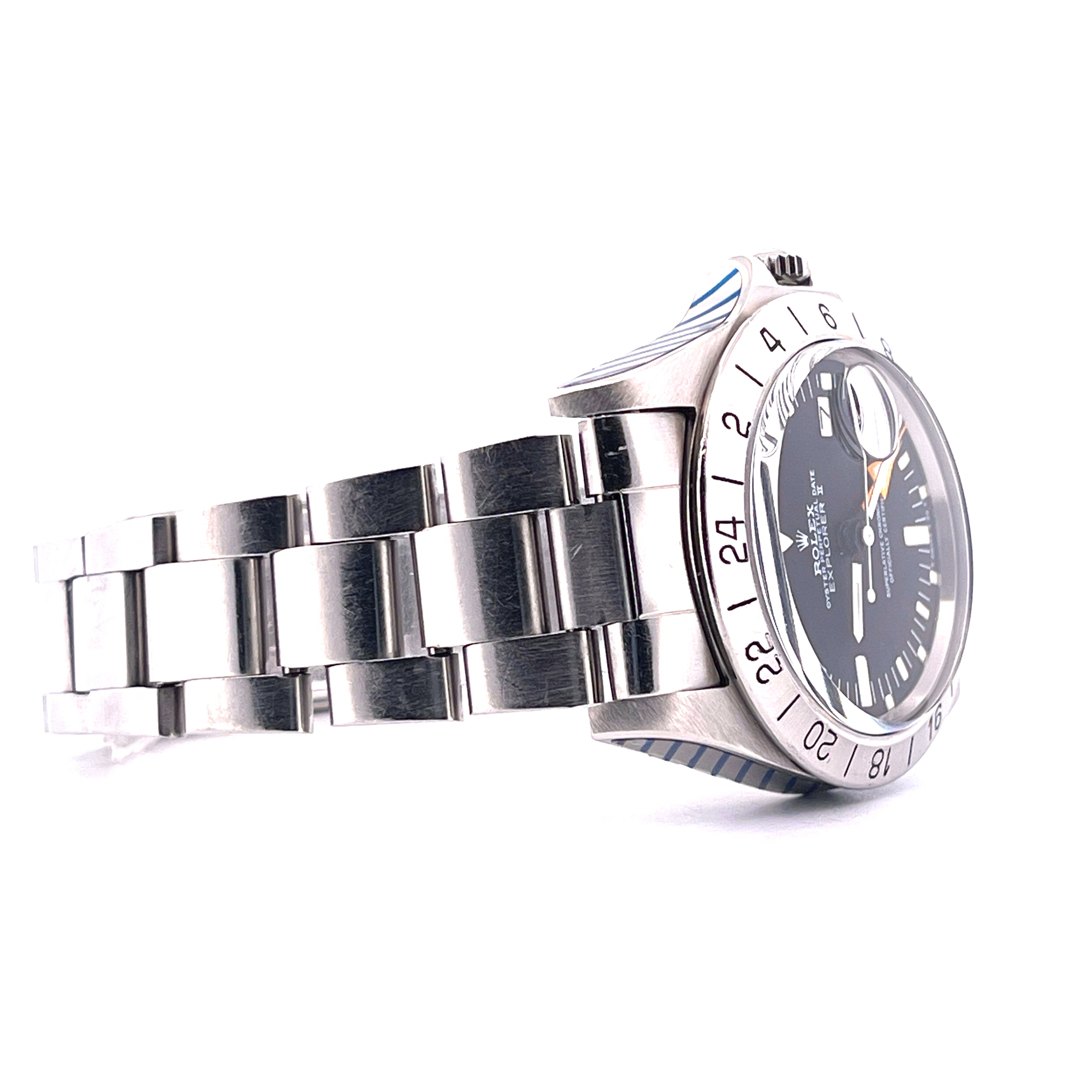 Rolex Explorer II 40 mm Stahl mit schwarzem Zifferblatt und einem polierten Stahlarmband in Seitenansicht