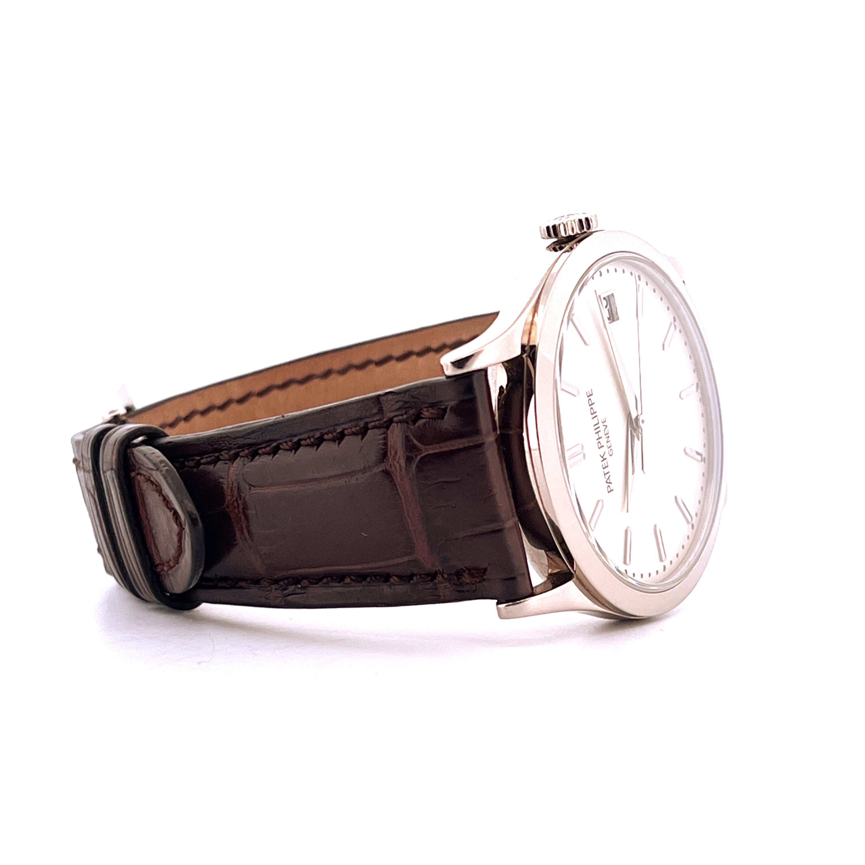 Patek Philippe Calatrava 5296G-010 Weißgold mit dunkelbraunem Kroko-Lederband Seitenansicht