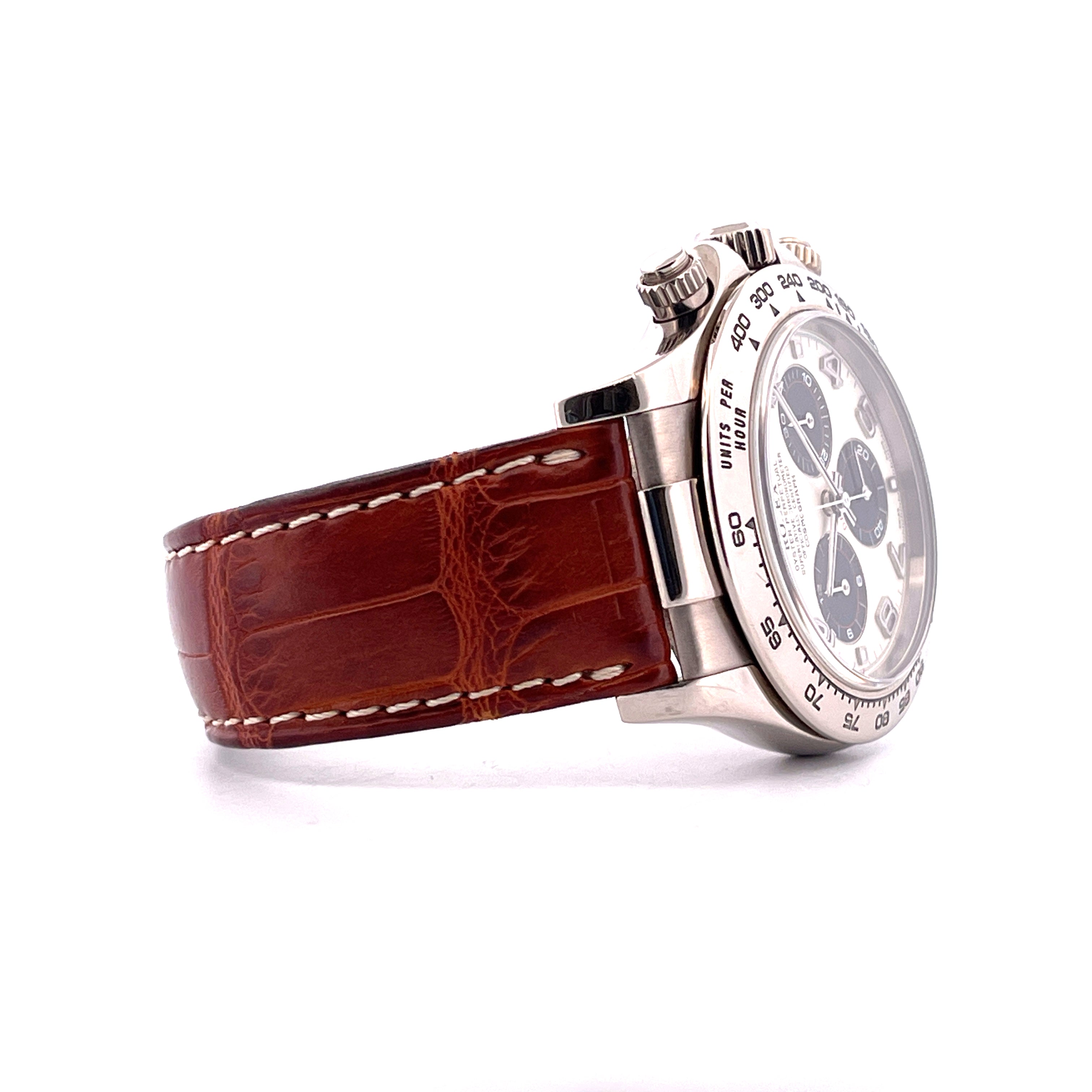 Rolex Daytona Panda Racing Dial in Weißgold im Seitenprofil auf weißem Hintergrund mit braunem Krokodillederarmband