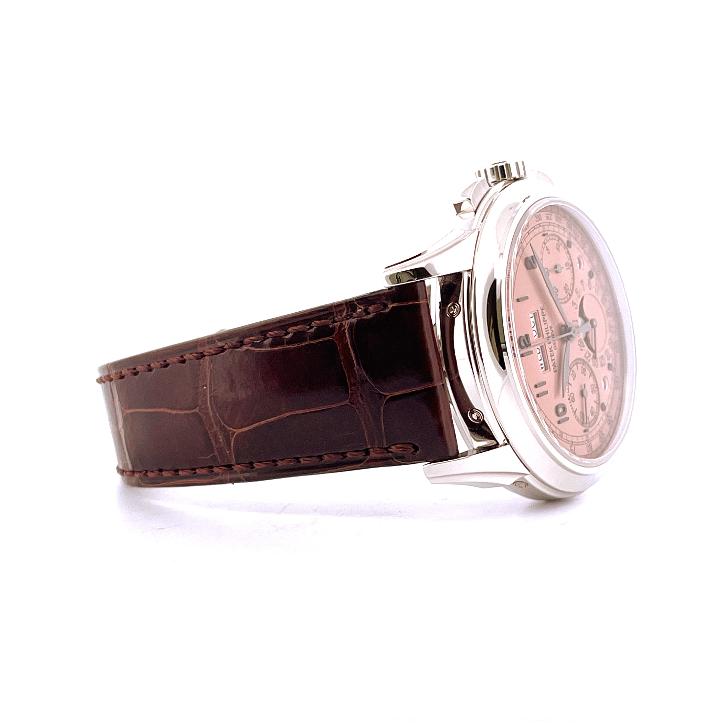 Patek Philippe Perpetual Calendar Chronograph 5270P-001 von der Seite mit braunem Kroko-Lederarmband