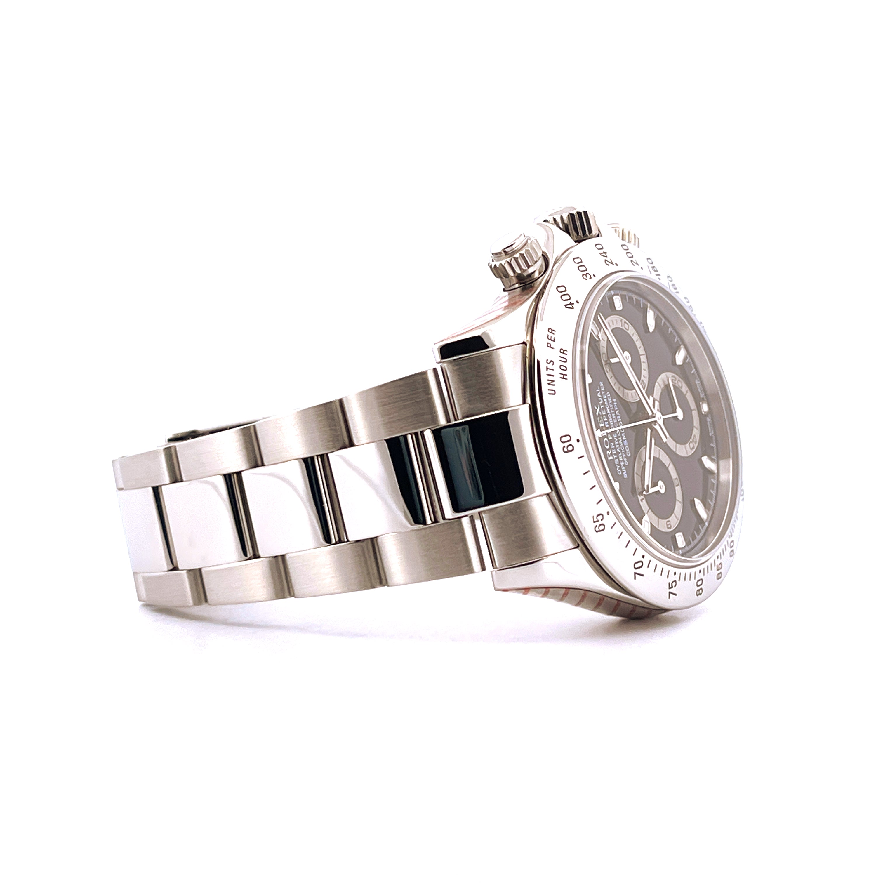 Rolex Daytona 116520 Edelstahl, Seitenansicht des silbernen Armbands und des schwarzen Zifferblatts