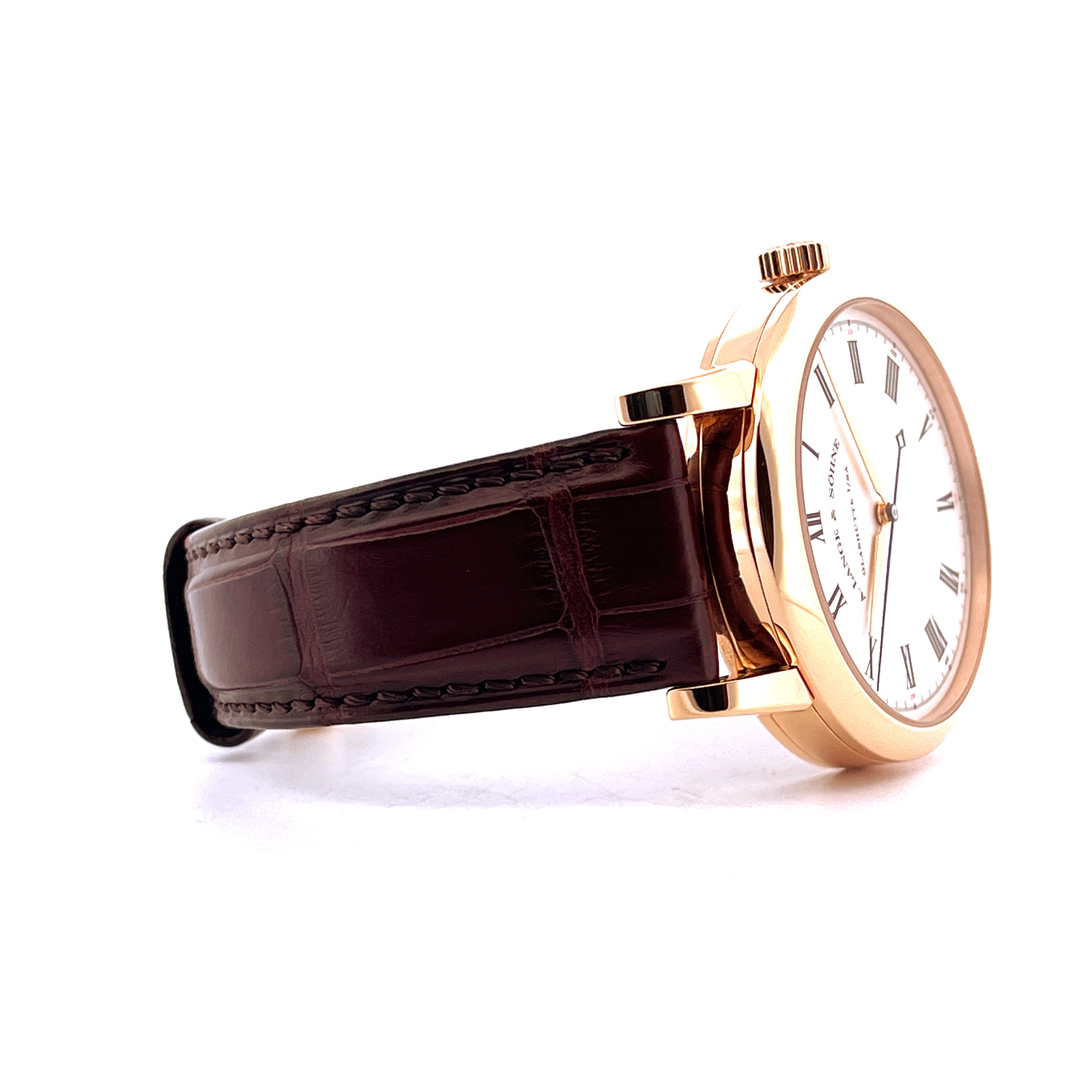A. Lange & Söhne Richard Lange Roségold-Uhr mit braunem Lederarmband Seitenansicht