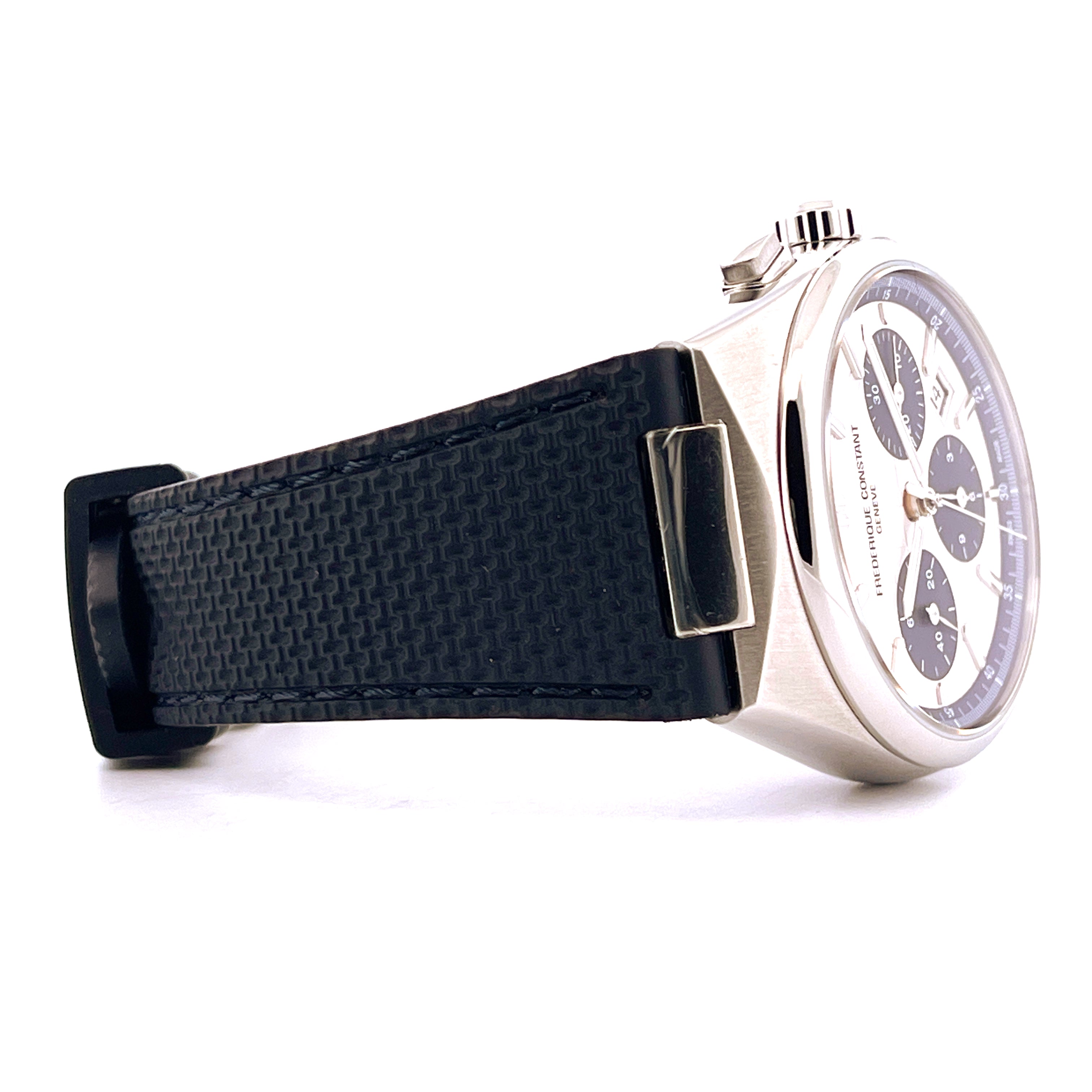 Frederique Constant Highlife Chronograph mit schwarzem Armband und weißem Zifferblatt Seitenansicht