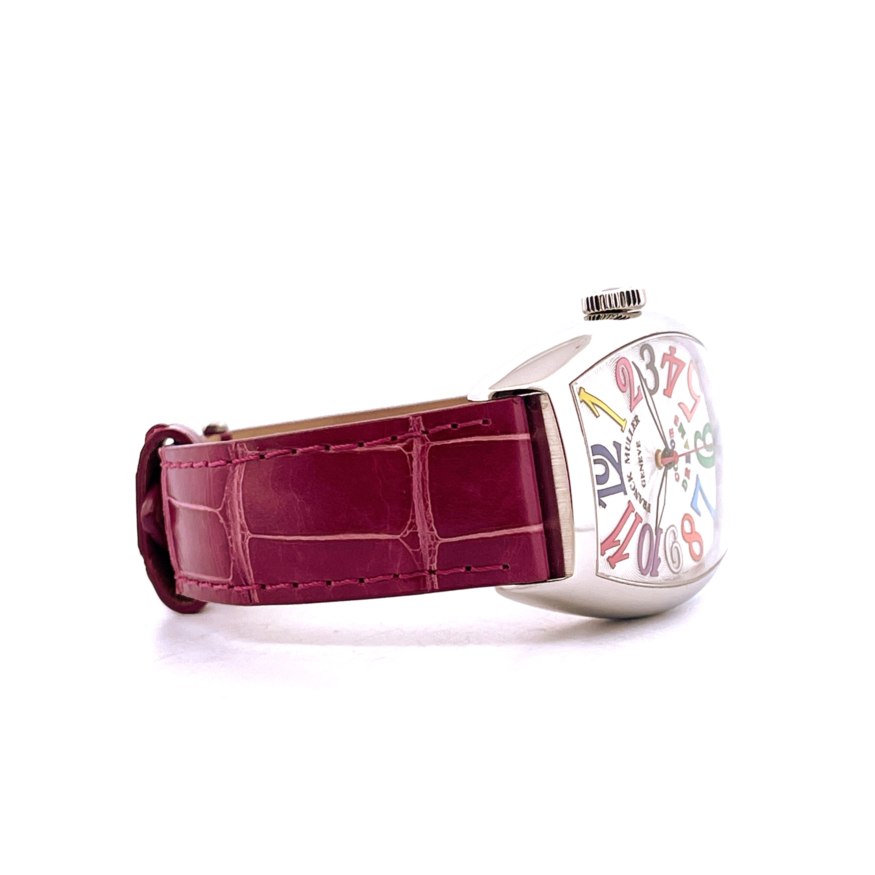 Franck Muller Cintree Curvex Color of Dreams Seitenansicht mit rotgoldem Alligatorband und buntem Zifferblatt