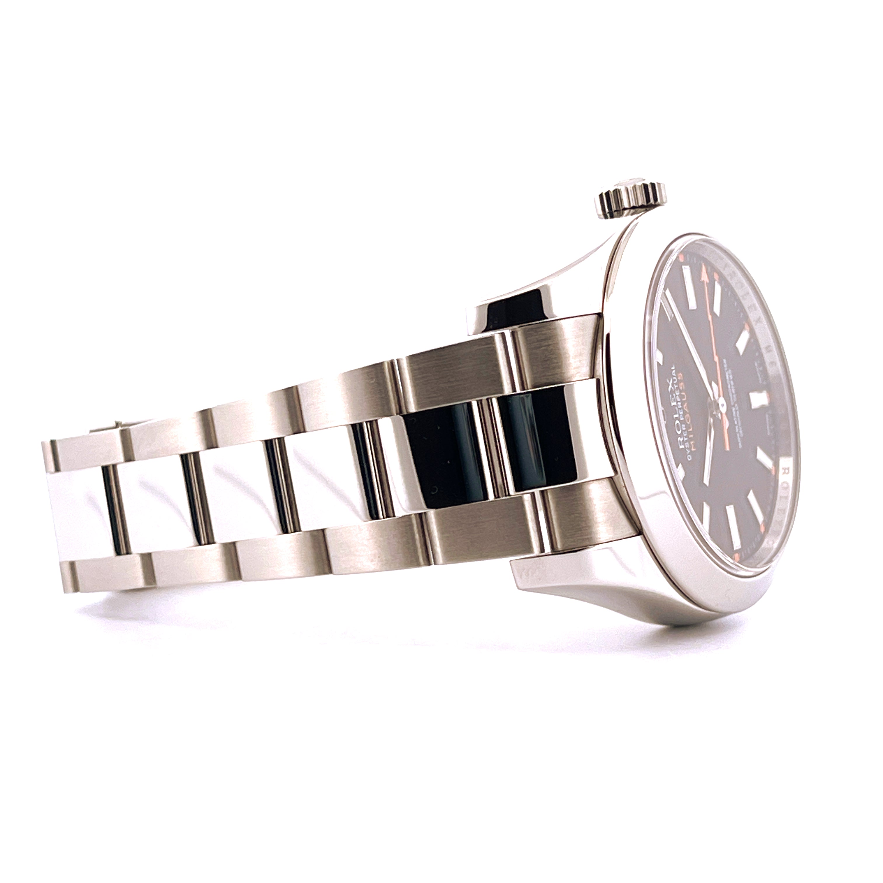 Rolex Milgauss 116400 Seitenansicht mit Stahlarmband auf weißem Hintergrund