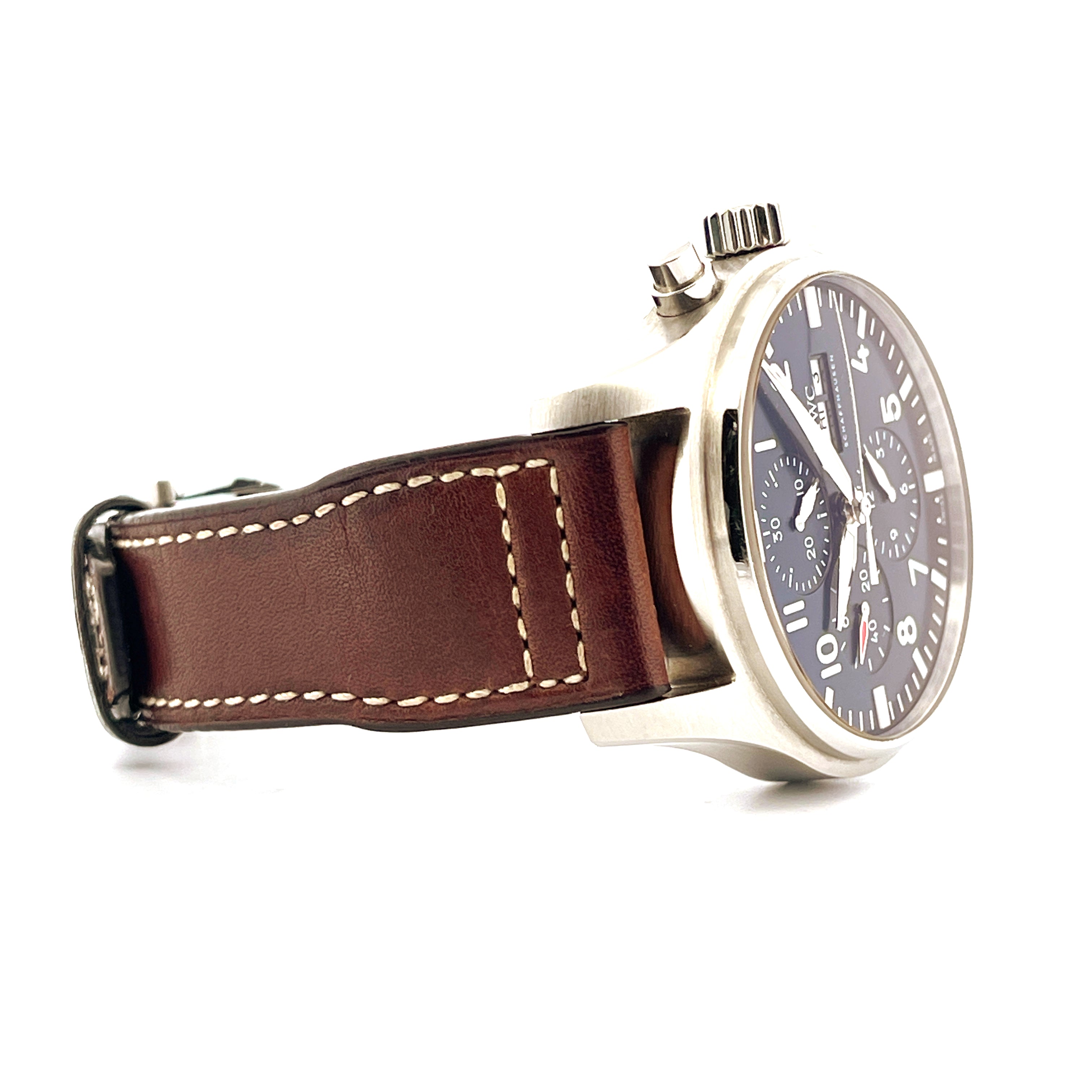 IWC Pilot Chronograph Le Petit Prince Blue Edelstahl mit braunem Lederarmband Seitenansicht