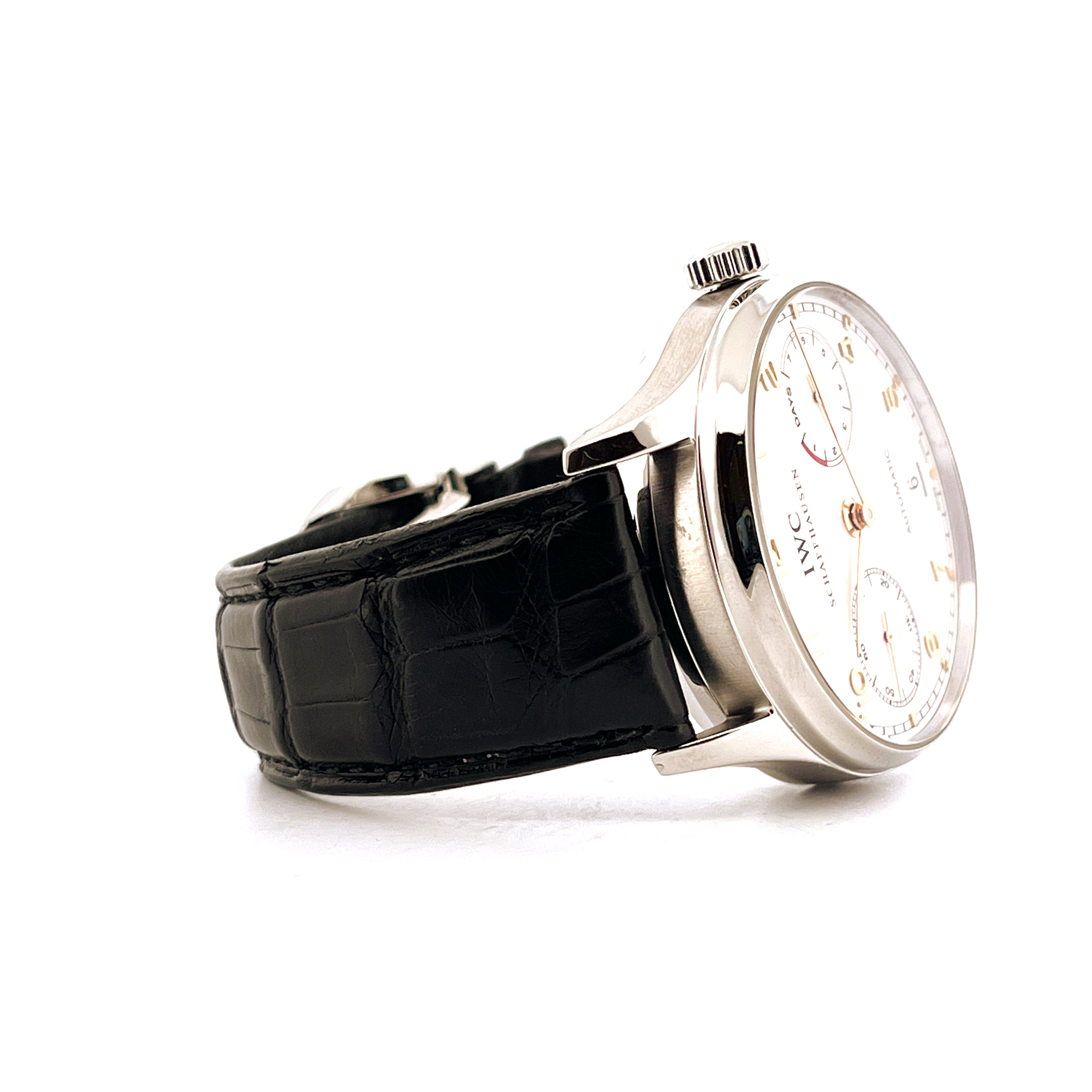 IWC Portuguese Automatic 7 Days in Edelstahl mit schwarzem Krokoband von der Seite