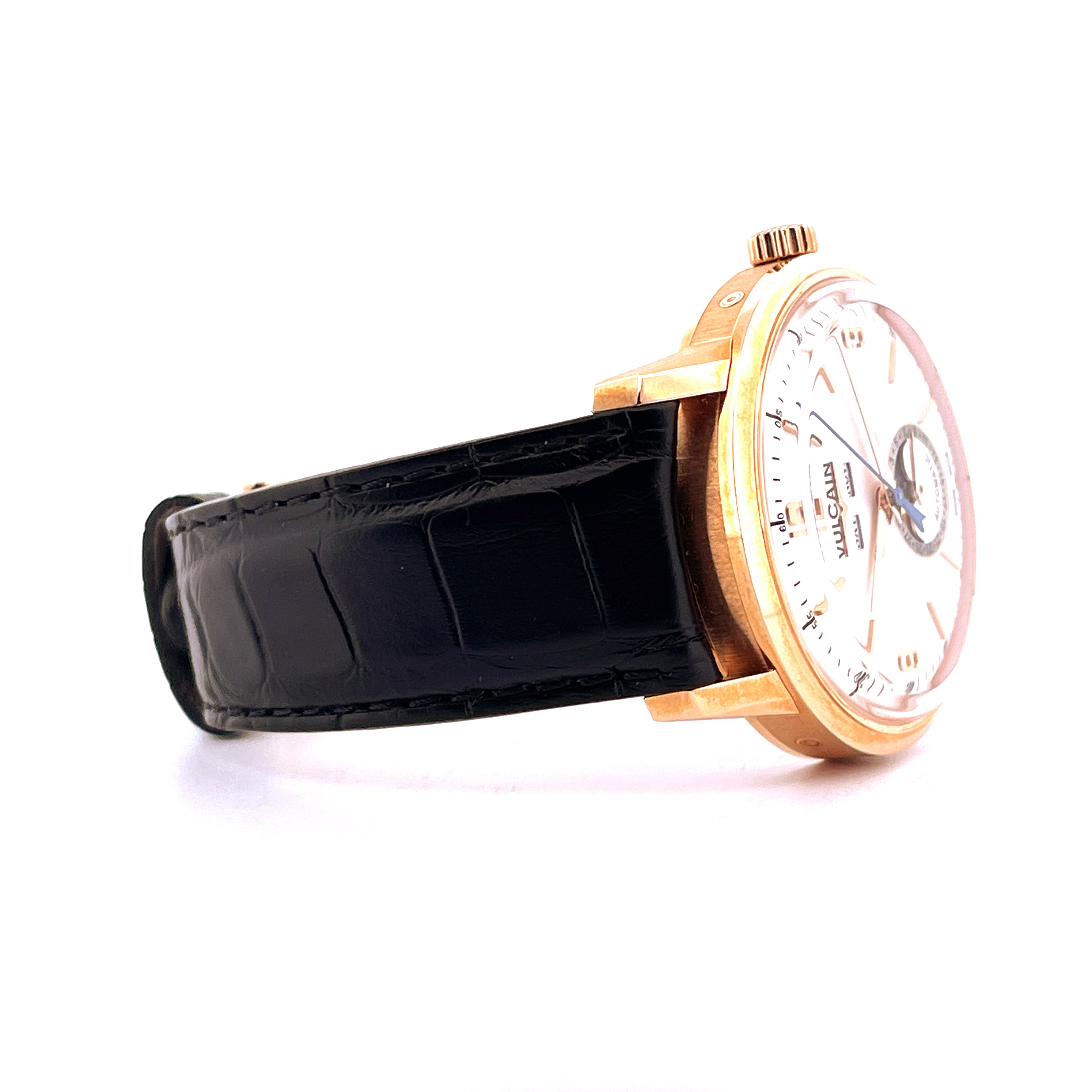 Vulcain 50s Presidents Moonphase Limited Roségold Uhr mit schwarzem Lederarmband Seitenansicht
