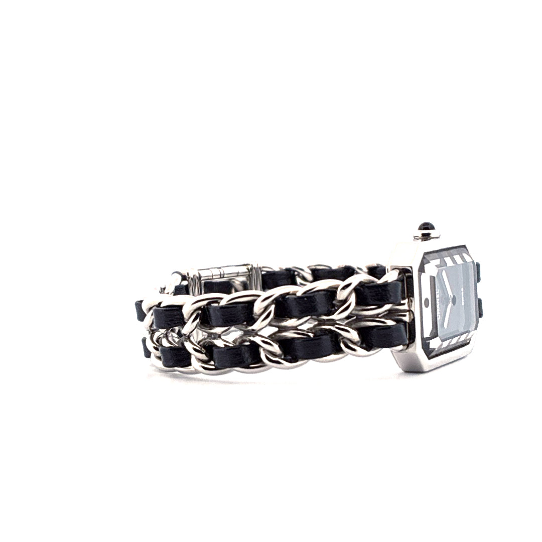 Chanel Premiere Uhr Edelstahl Armband Leder schwarz Kette Seitenansicht mit schwarzem Zifferblatt