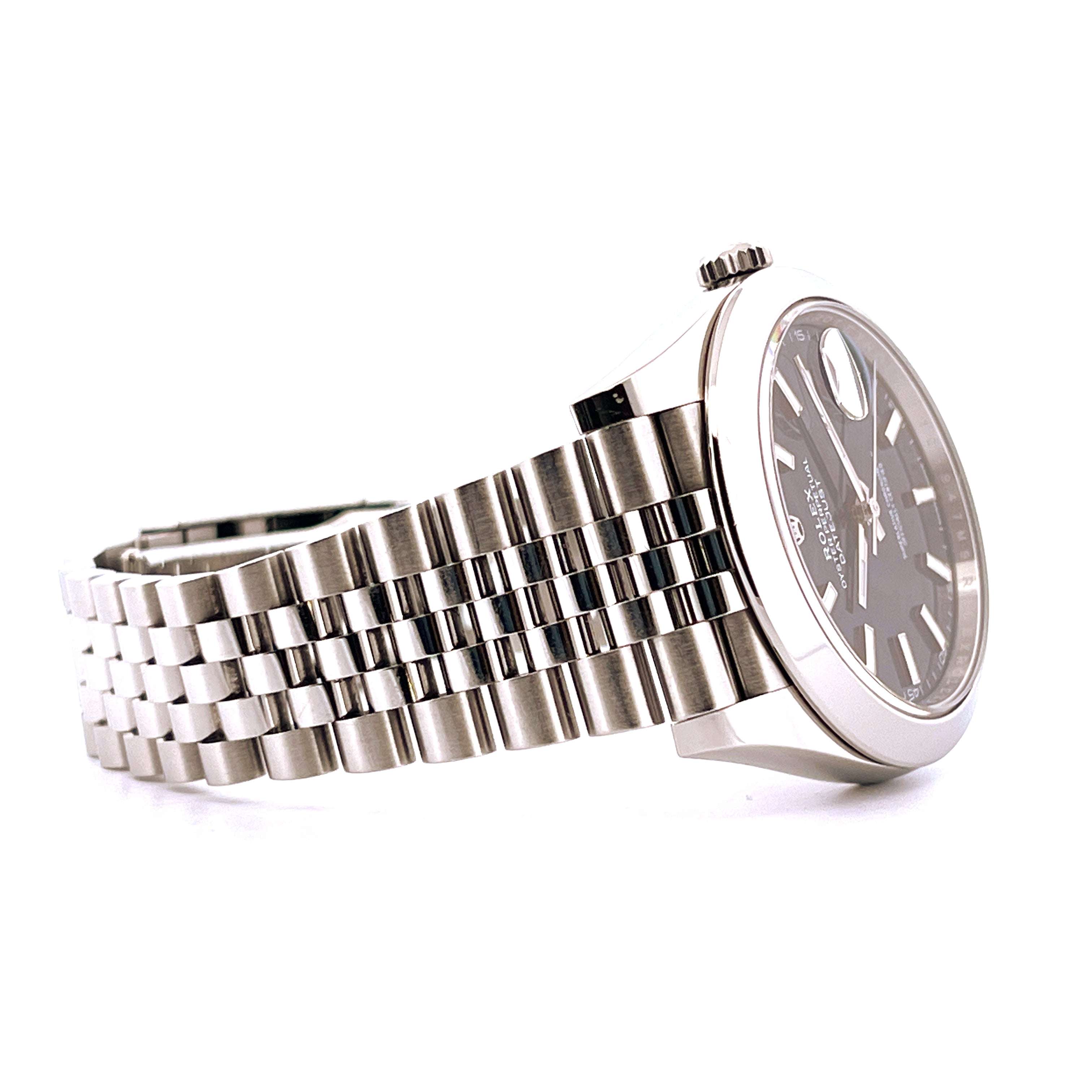 Rolex Datejust 41 Blue Jubilee 2023 in Stahl Seitenansicht auf weißem Hintergrund