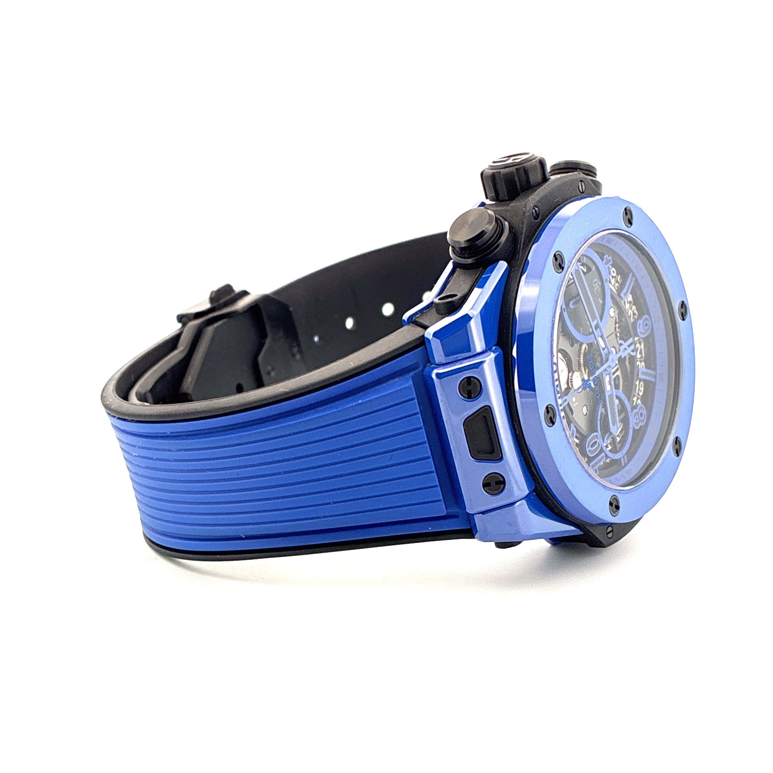 Hublot Big Bang Unico Saphirblau Keramik Automatik mit Skelett Zifferblatt und blauem Kautschukarmband
