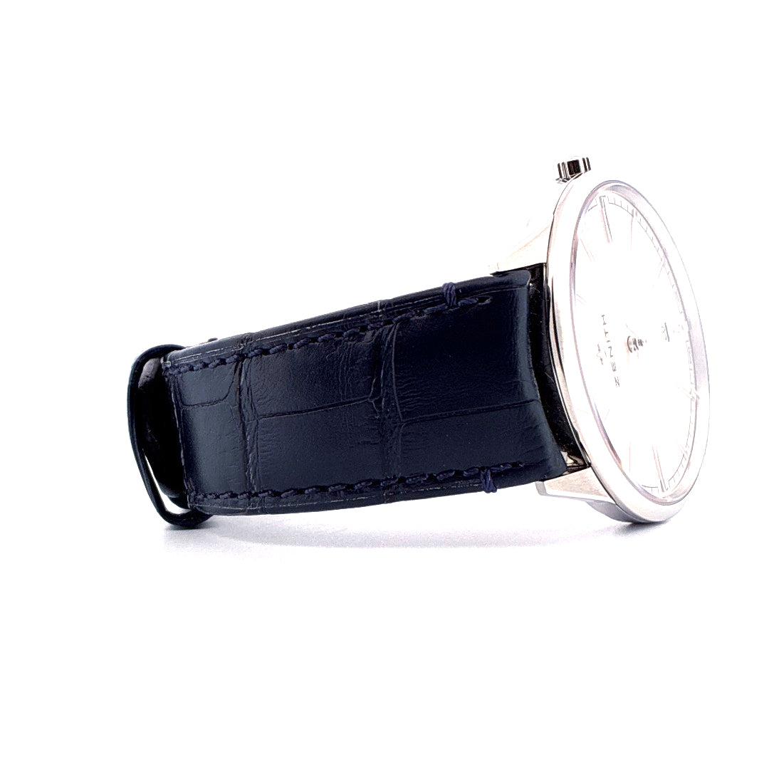 Zenith Elite Classic Automatik Ultra Thin Uhr mit marineblauem Alligatorlederarmband und silbernem Zifferblatt