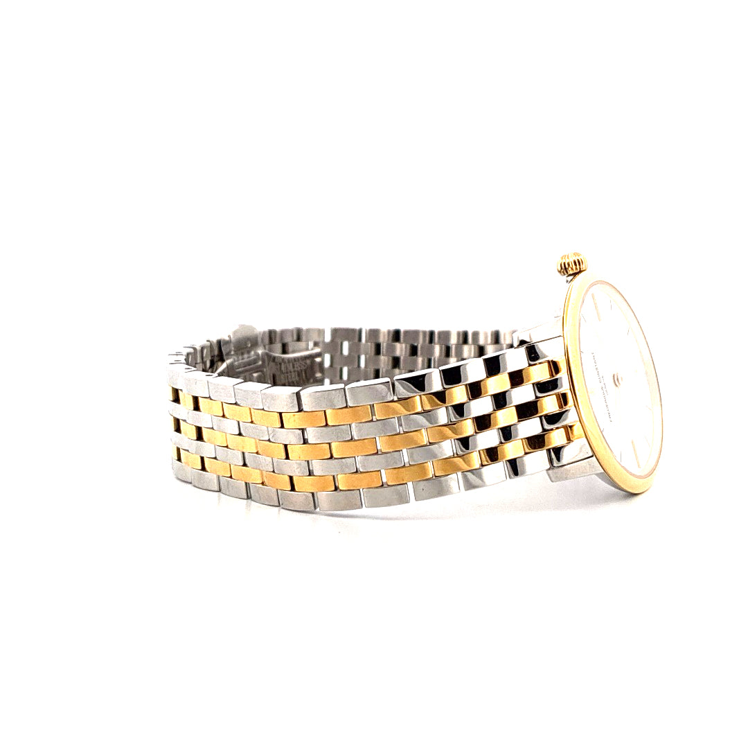 Seitenansicht einer Frederique Constant Slimline Mid Size Damenuhr mit bicolor Edelstahlarmband