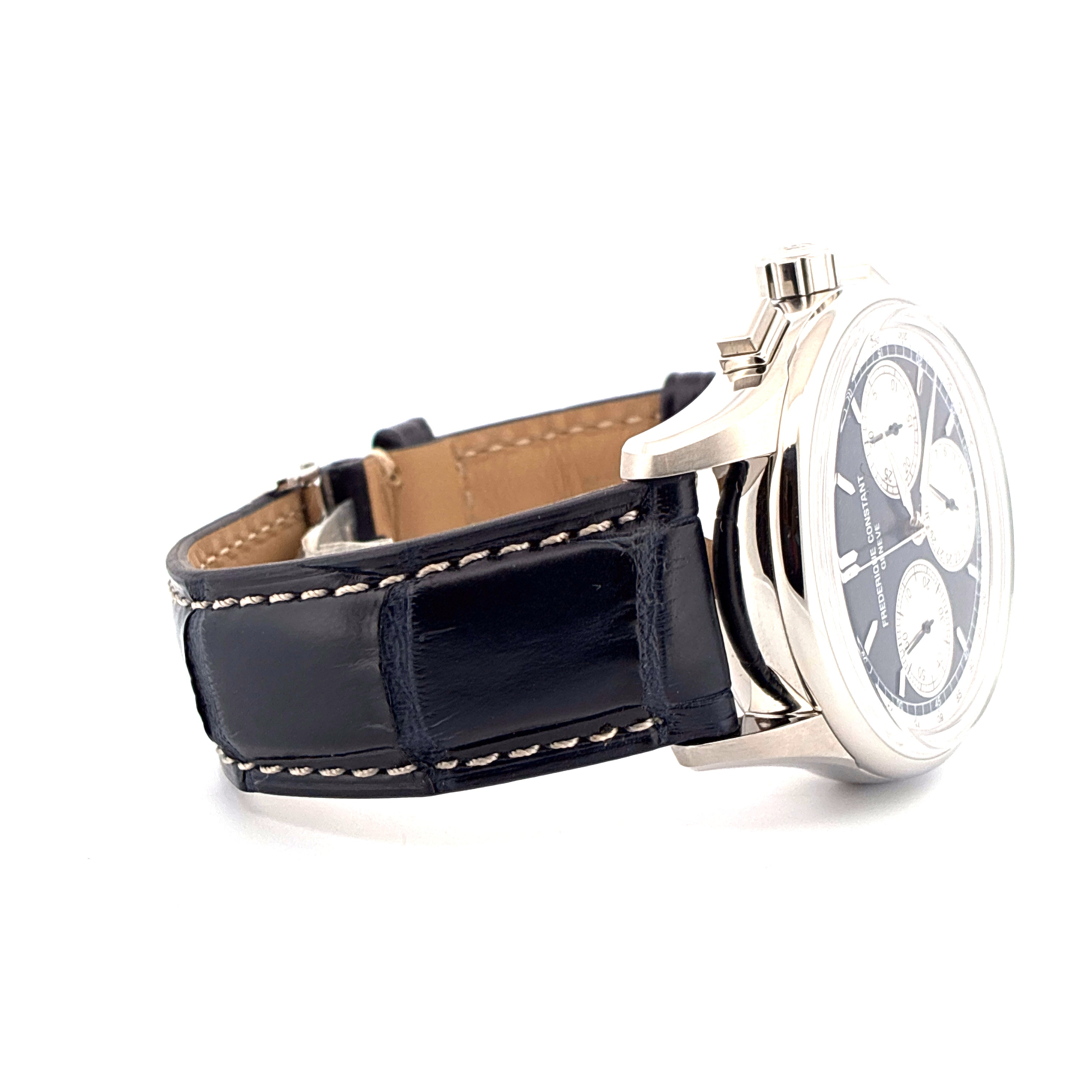Frederique Constant Manufacture Flyback Chronograph Automatik mit blauem Lederarmband und Edelstahlgehäuse
