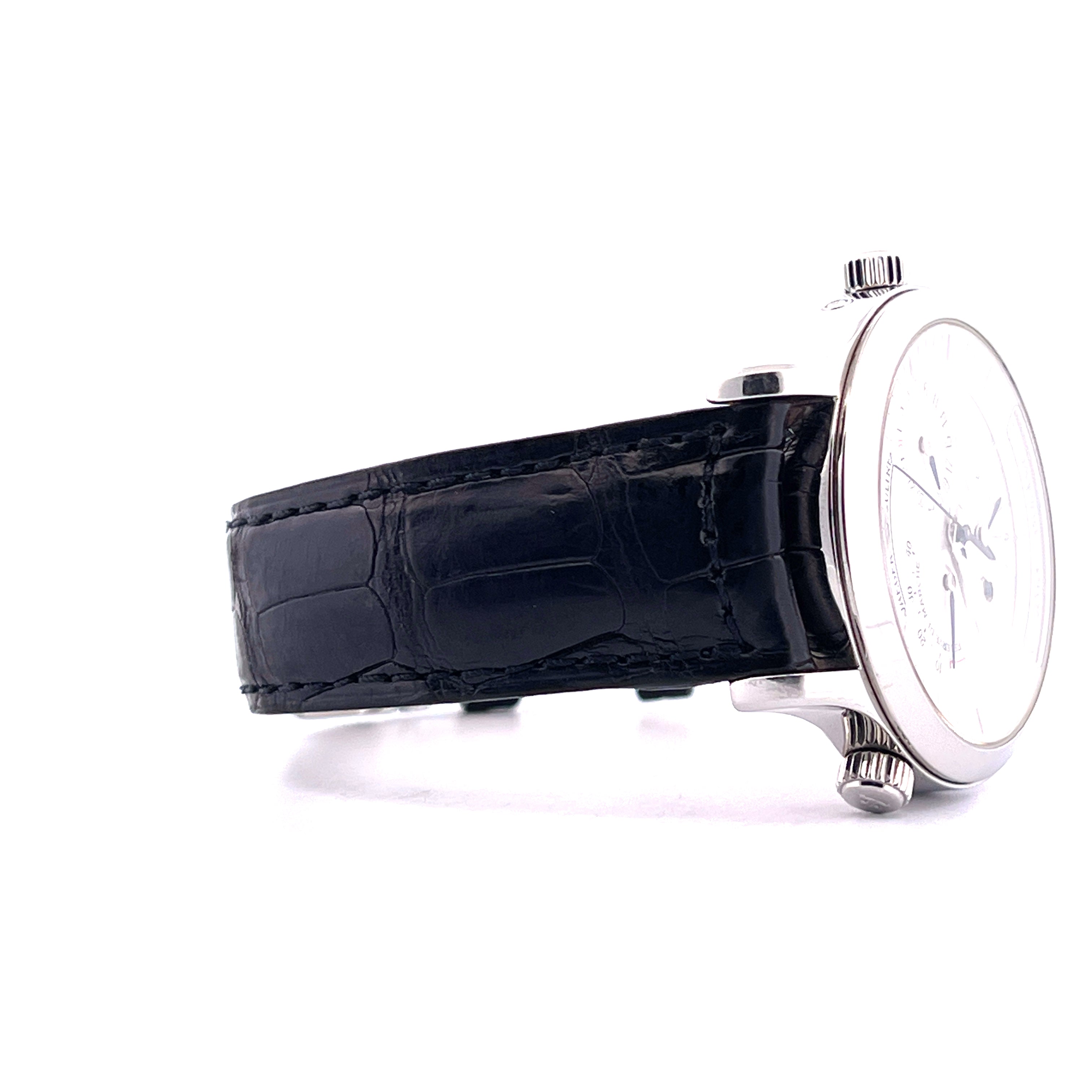 Jaeger LeCoultre Master Geographic 38mm Uhrengehäuse aus Edelstahl mit schwarzem Krokodilarmband und silbernem Zifferblatt