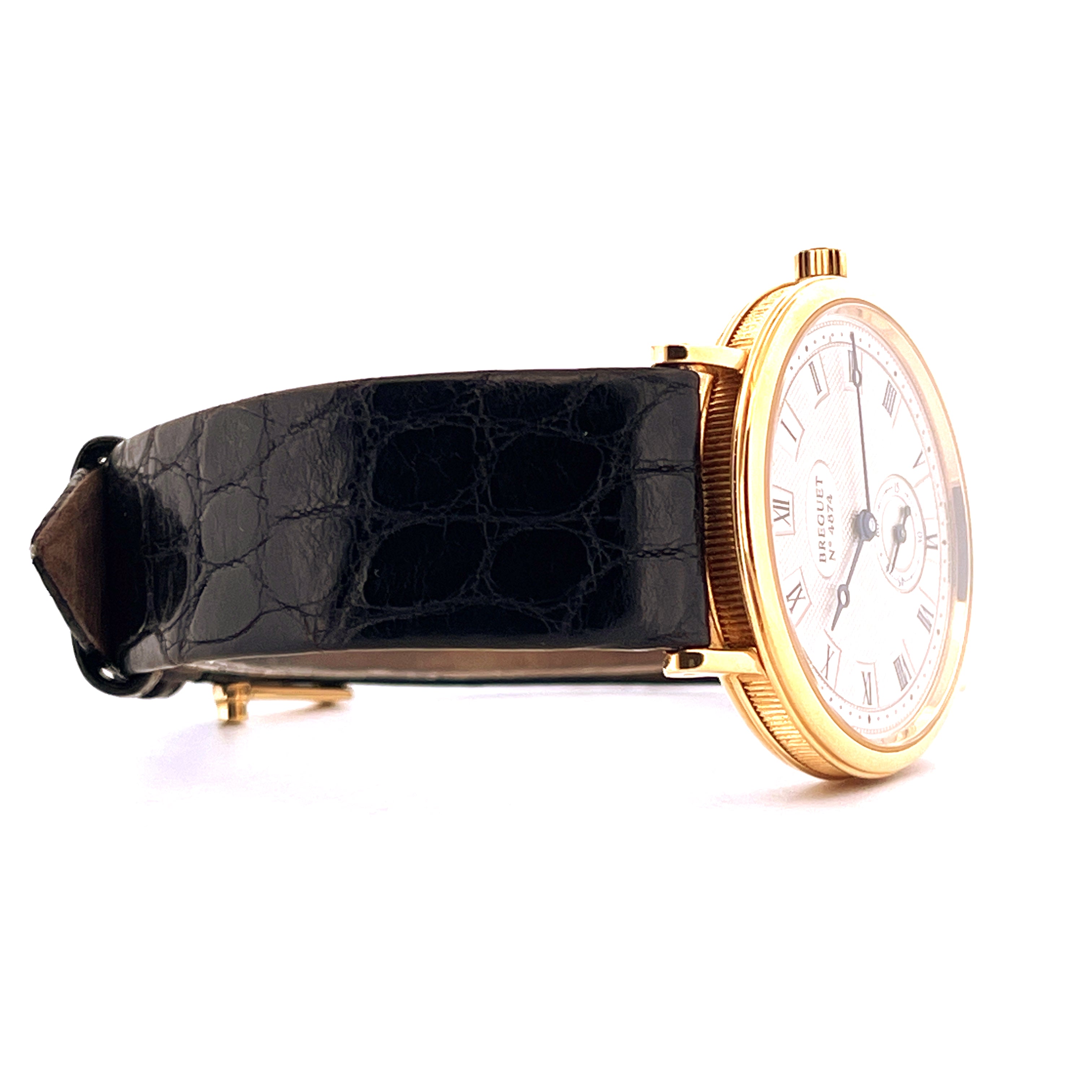 Breguet Classique 3910BA 1999 Gelbgold Uhr mit schwarzem Krokodillederarmband im Profil