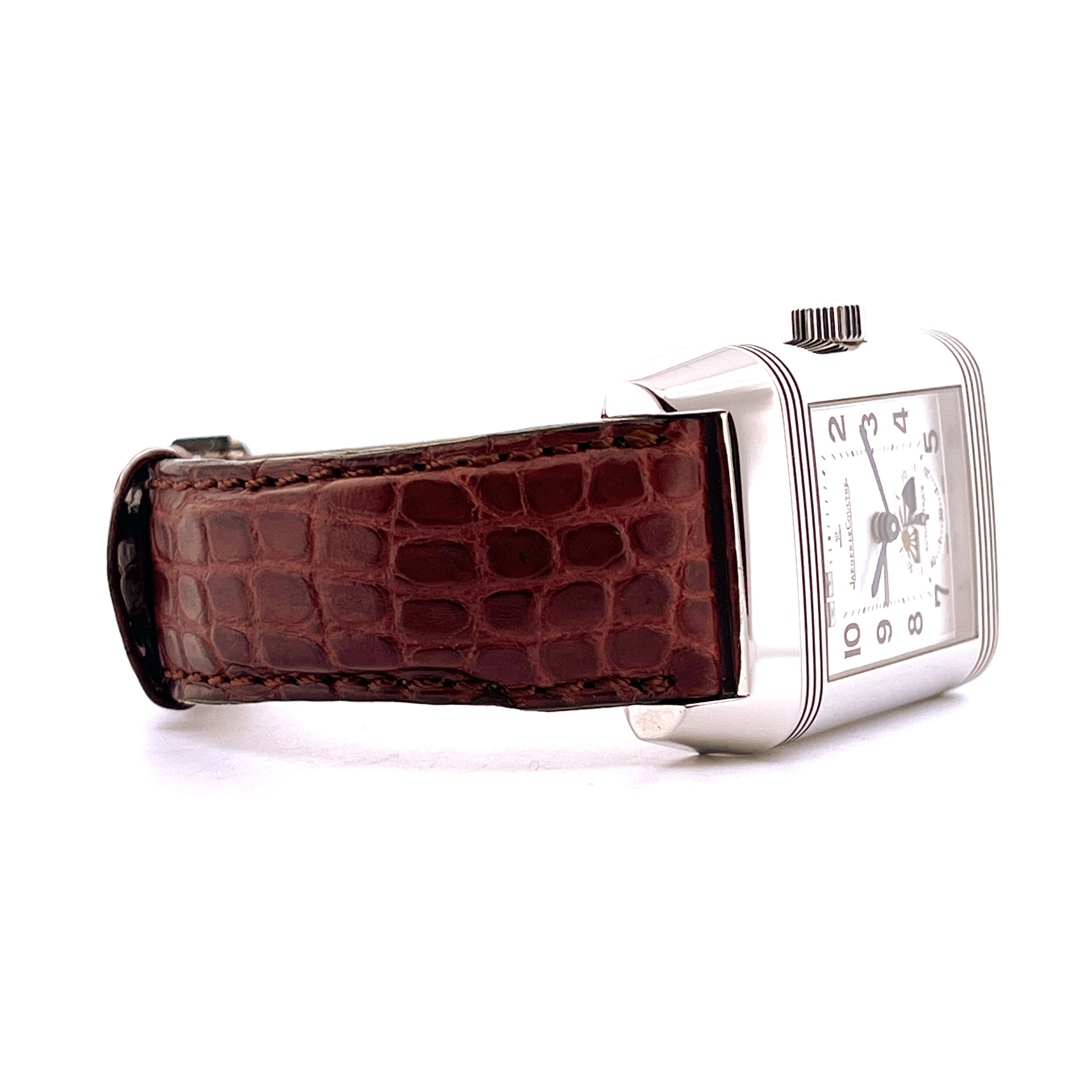 Jaeger-LeCoultre Reverso Grande Panorama Date Moonphase in Edelstahl mit braunem Krokodillederband aus der Seitenansicht