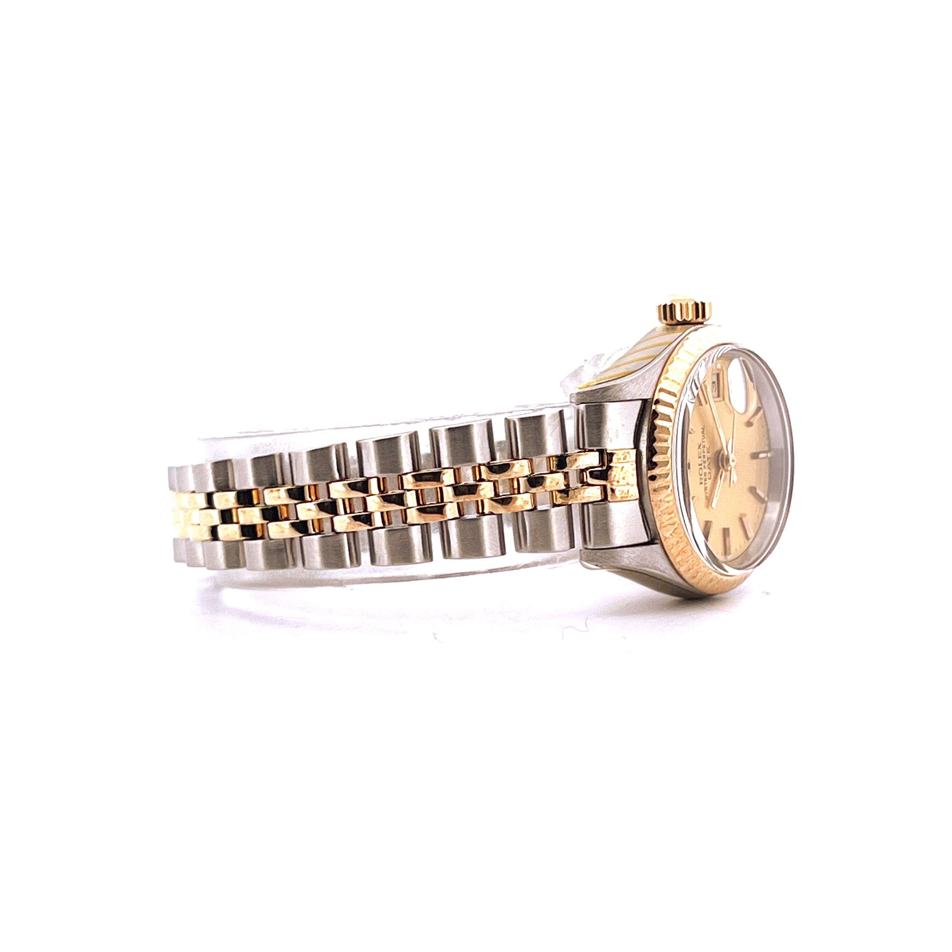 Rolex Lady-Datejust 26 mm Stahl-Gold-Kombination Seitenansicht mit goldenem Zifferblatt und geriffelter Lünette