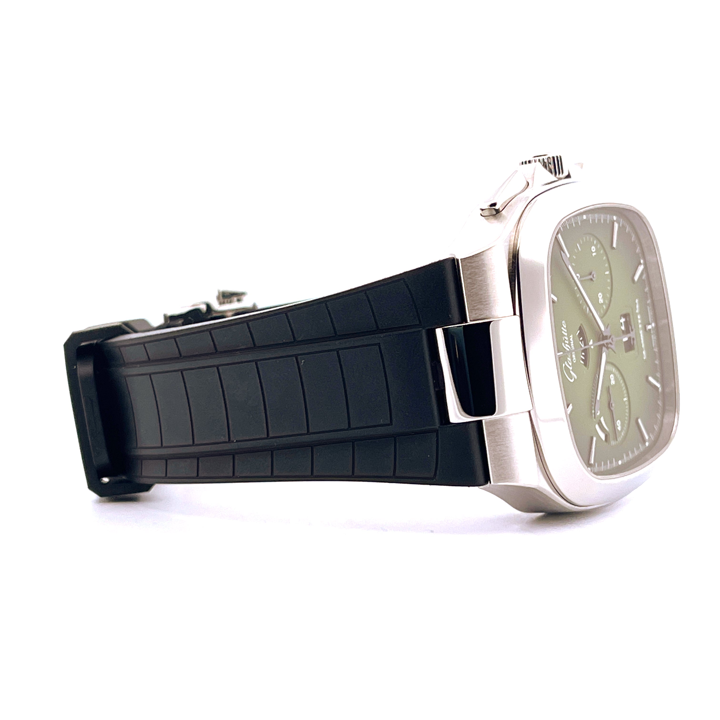 Seitenansicht des Glashütte Original Seventies Chronograph mit grünem Zifferblatt und schwarzem Kautschukarmband