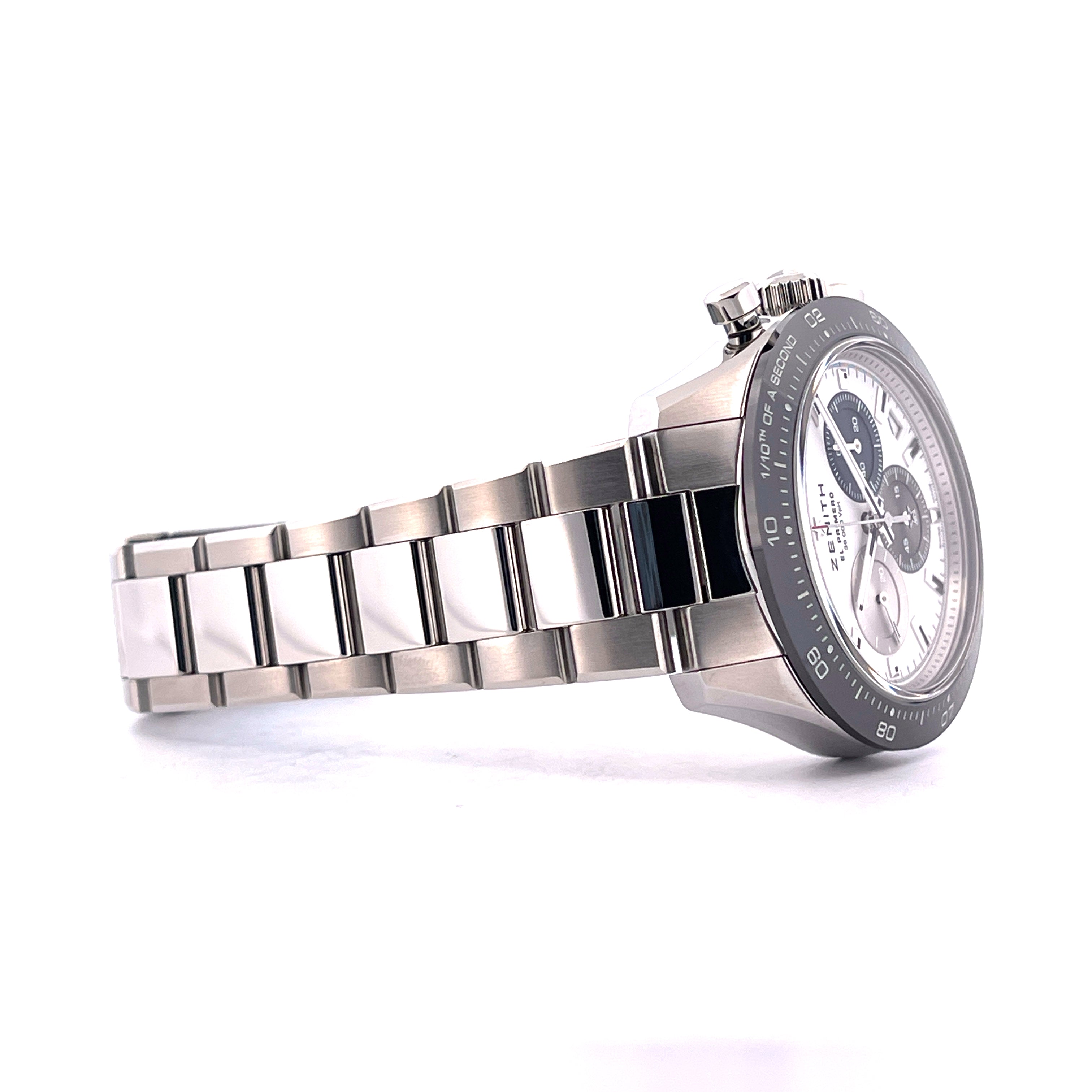 Zenith Chronomaster Sport 41 mm Edelstahl Uhr mit weißem Zifferblatt Seitenansicht