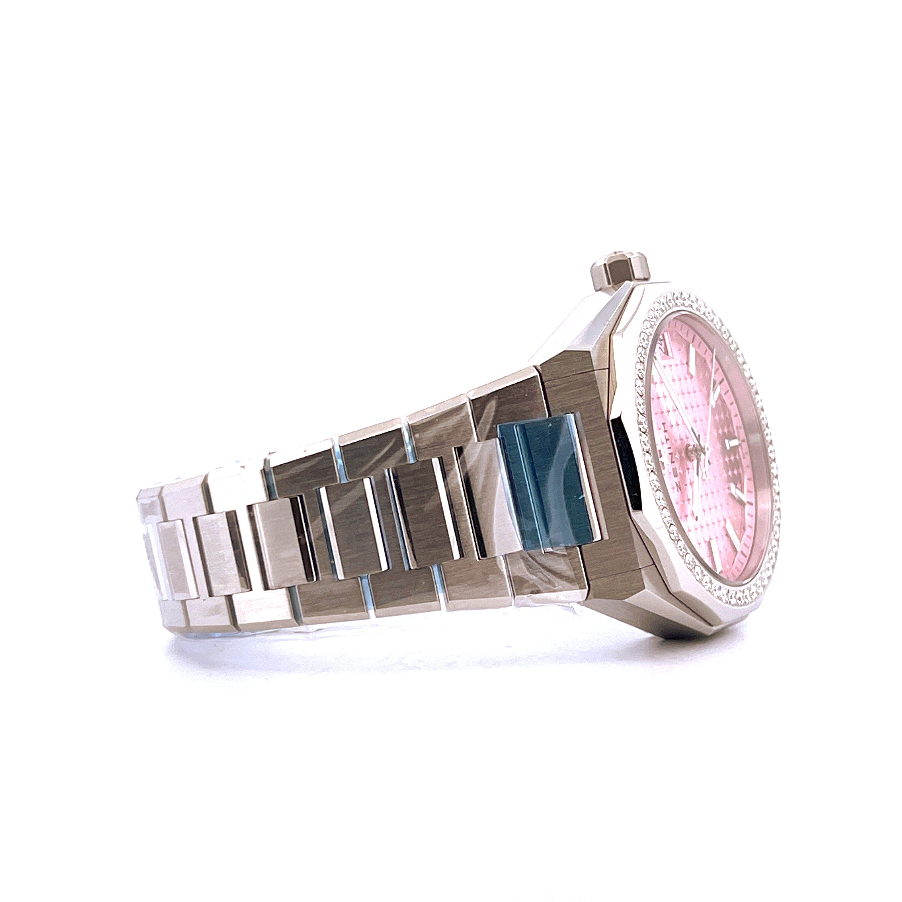 Zenith Defy Skyline Automatic Pink 36 mm Edelstahl mit Diamantlünette und pinkem Zifferblatt in Seitenansicht