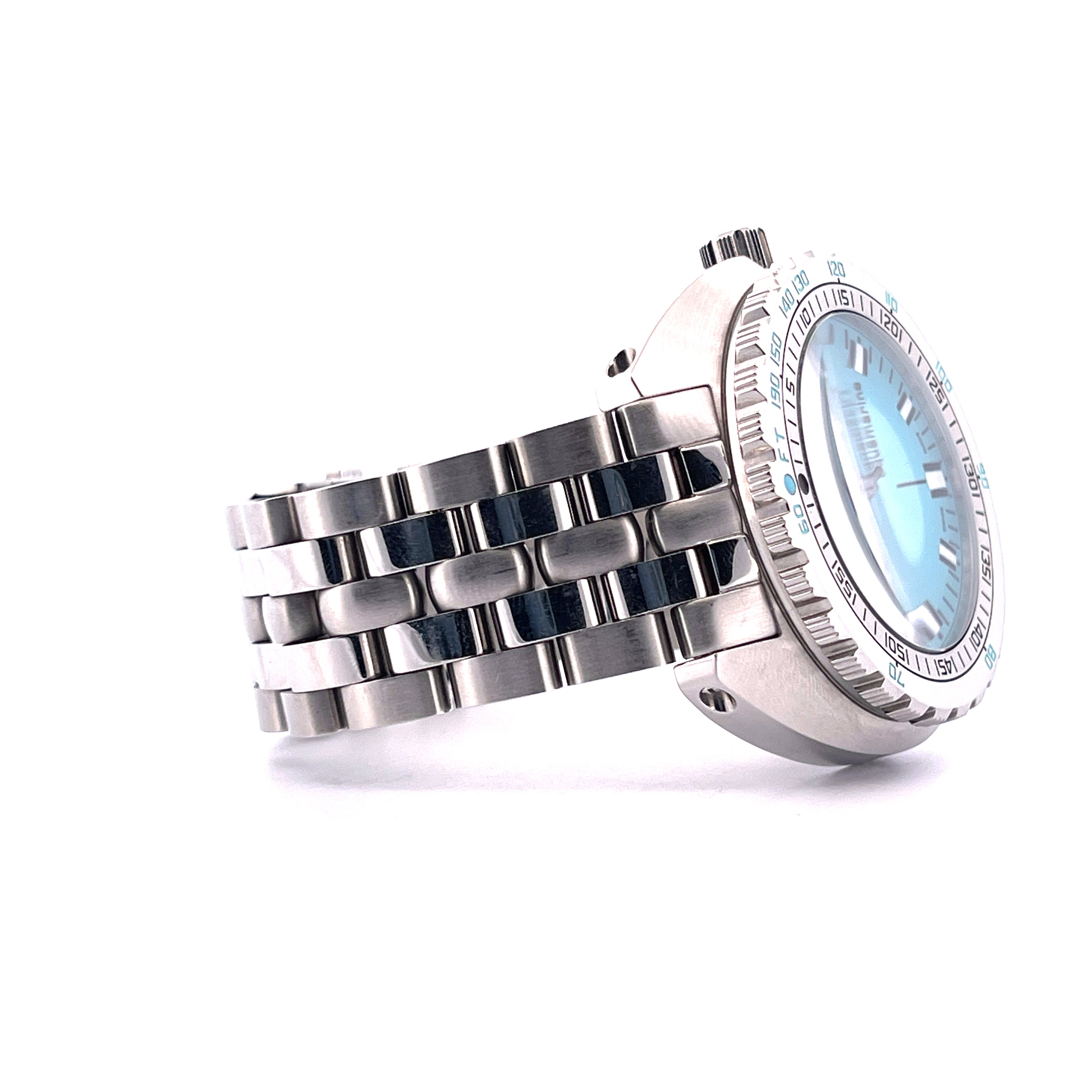 DOXA Sub 1500t Automatik Herrenuhr mit aquamarinblauem Zifferblatt und Edelstahlarmband, Seitenansicht