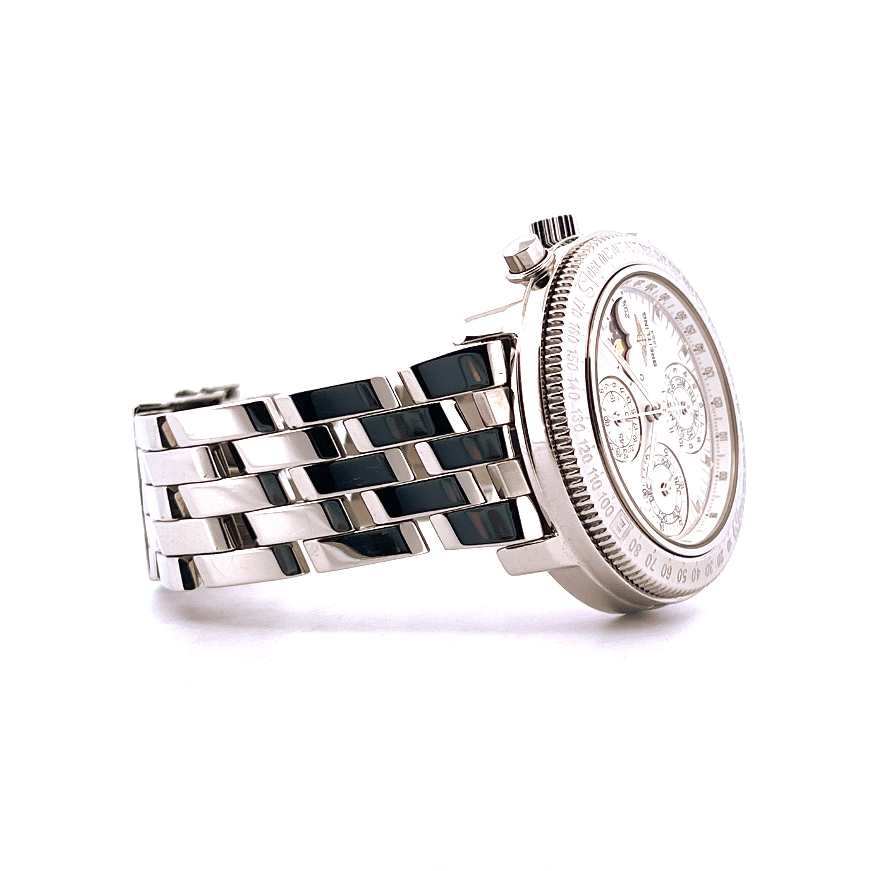 Breitling Astromat Chronograph Moon Phase von 1995, Seitenansicht Edelstahlgehäuse mit silbernem Armband