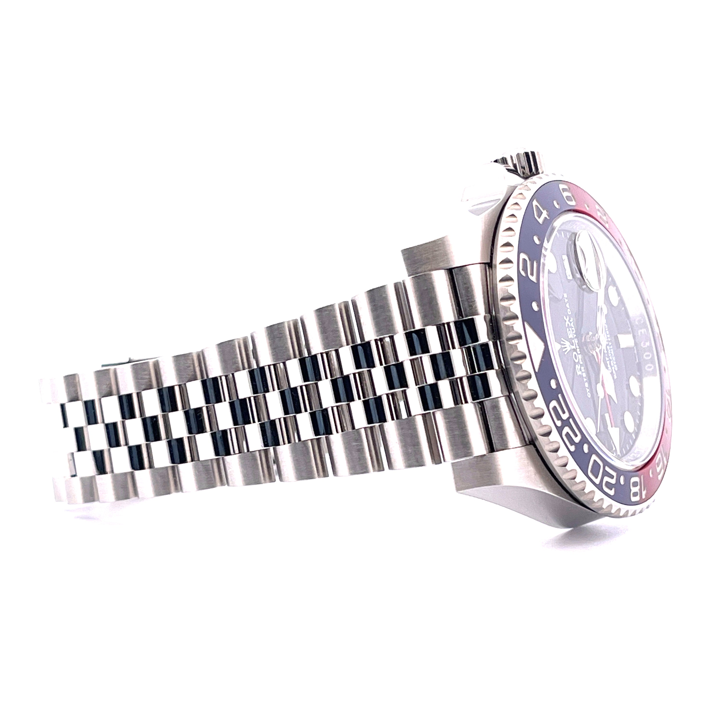 Rolex GMT-Master II Pepsi aus Edelstahl, Seitenansicht des jubiläumsbandes und der zweifarbigen Lünette