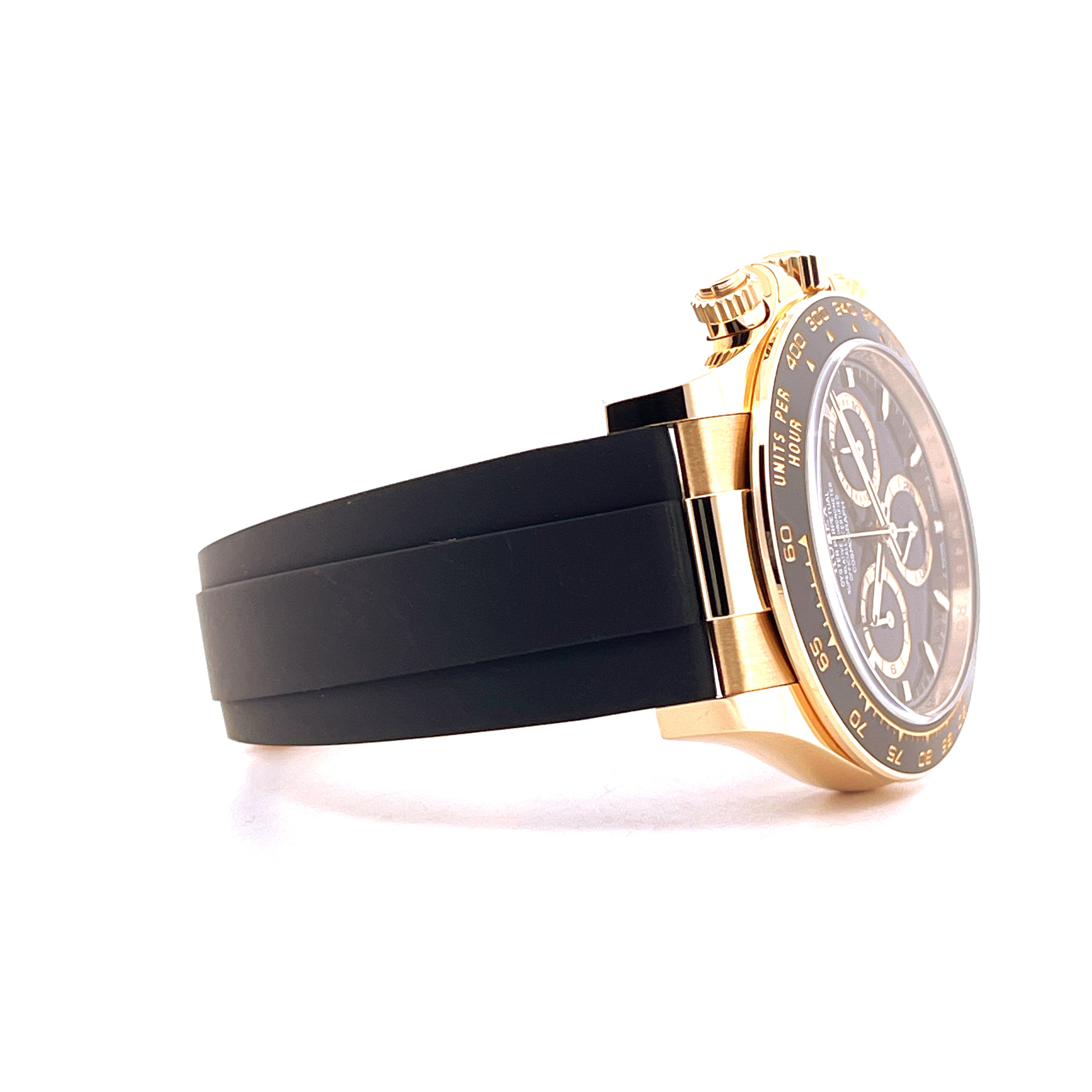 Rolex Daytona Gold Oysterflex 126518LN im Seitenprofil mit schwarzem Oysterflex-Armband