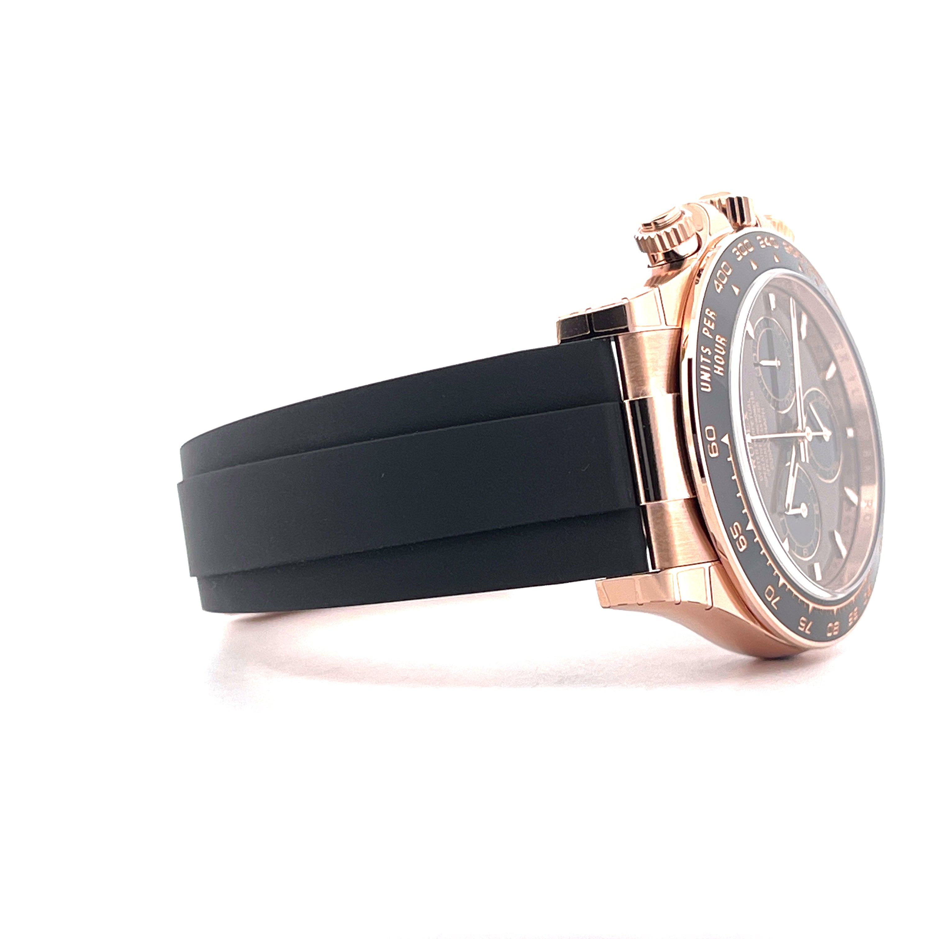 Rolex Cosmograph Daytona 126515LN Roségold mit schwarzem Kautschukband Seitenansicht