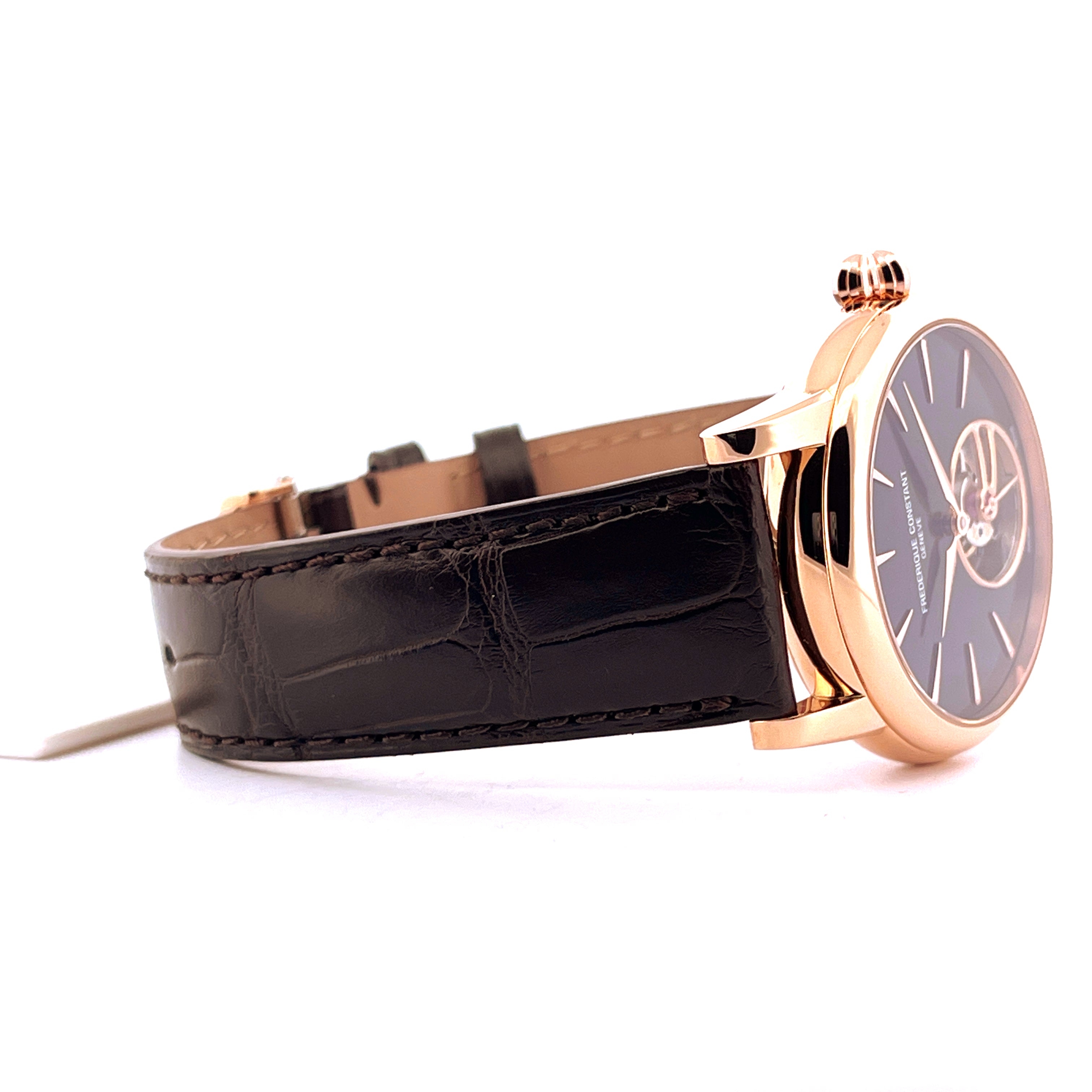 Frederique Constant Manufacture Classic Tourbillon Roségold von der Seite mit schwarzem Kroko-Lederarmband