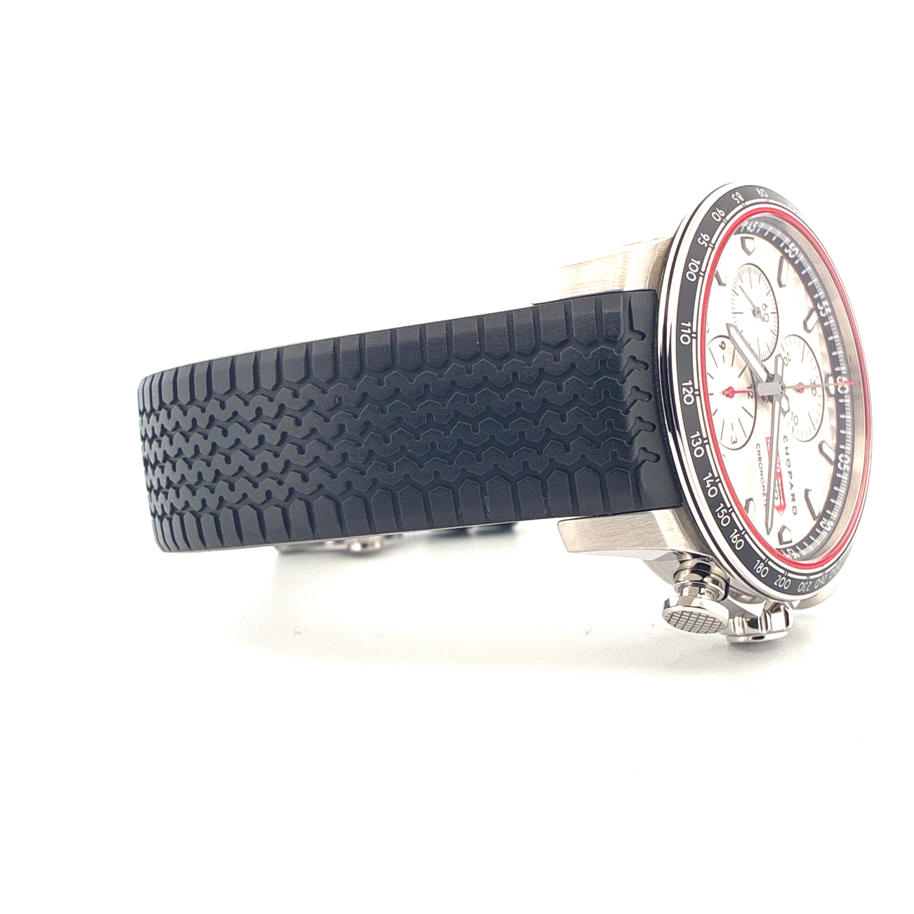 Chopard Mille Miglia 2017 Race Limited Edition in Stahl mit Kautschukband im Reifenprofil Seitenansicht