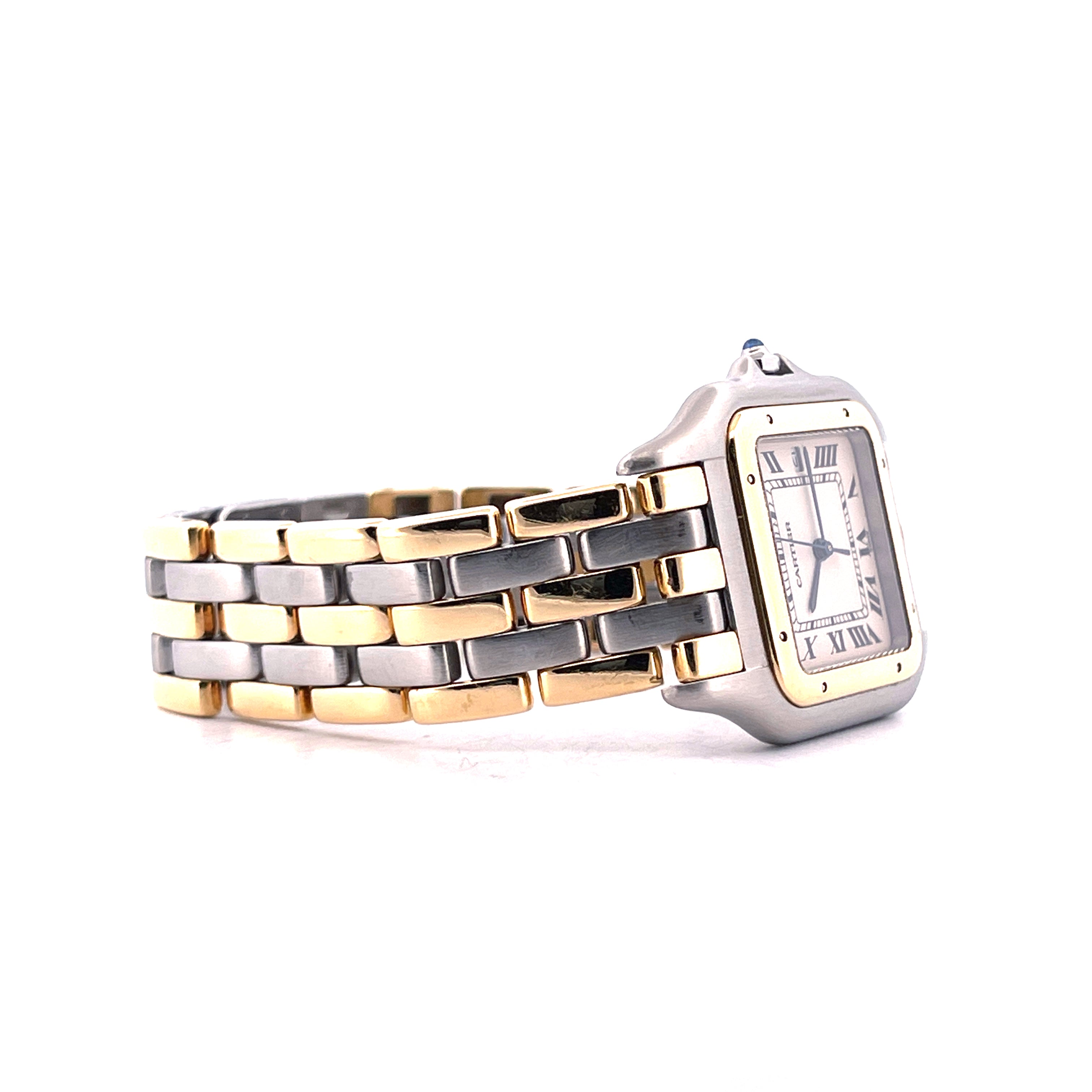 Cartier Panthere Jumbo Vintage 1986 im Seitenprofil mit bicolor Armband aus Stahl und Gelbgold