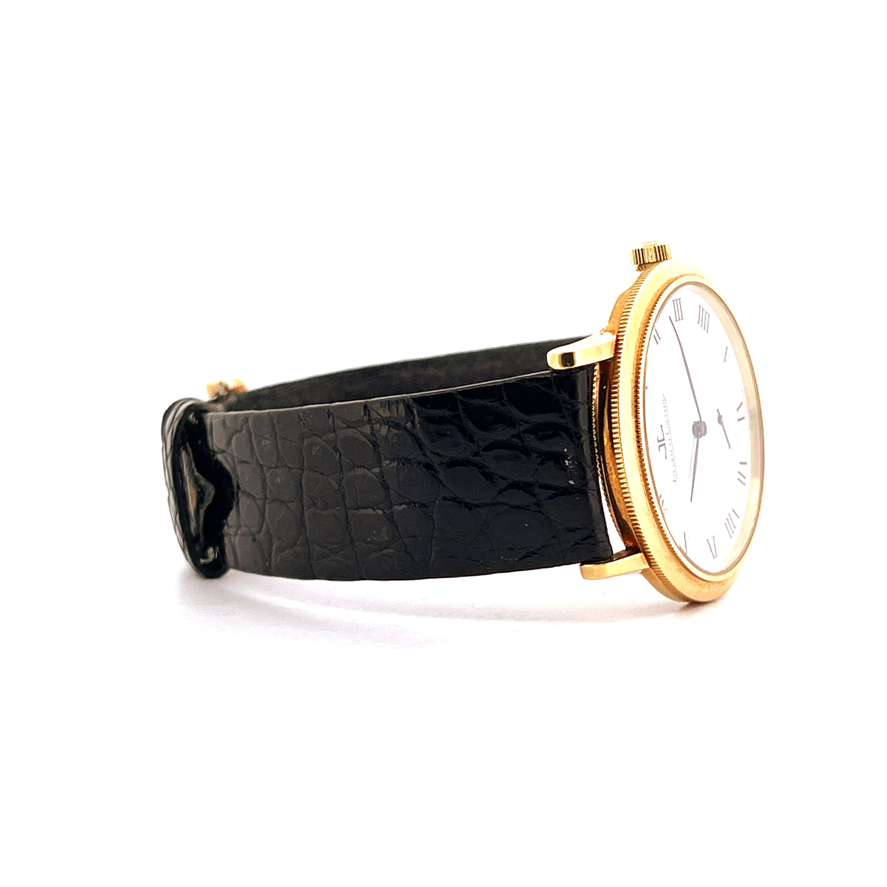 Jaeger LeCoultre Gentilhomme 18k Gold 34mm von der Seite mit schwarzem Lederarmband