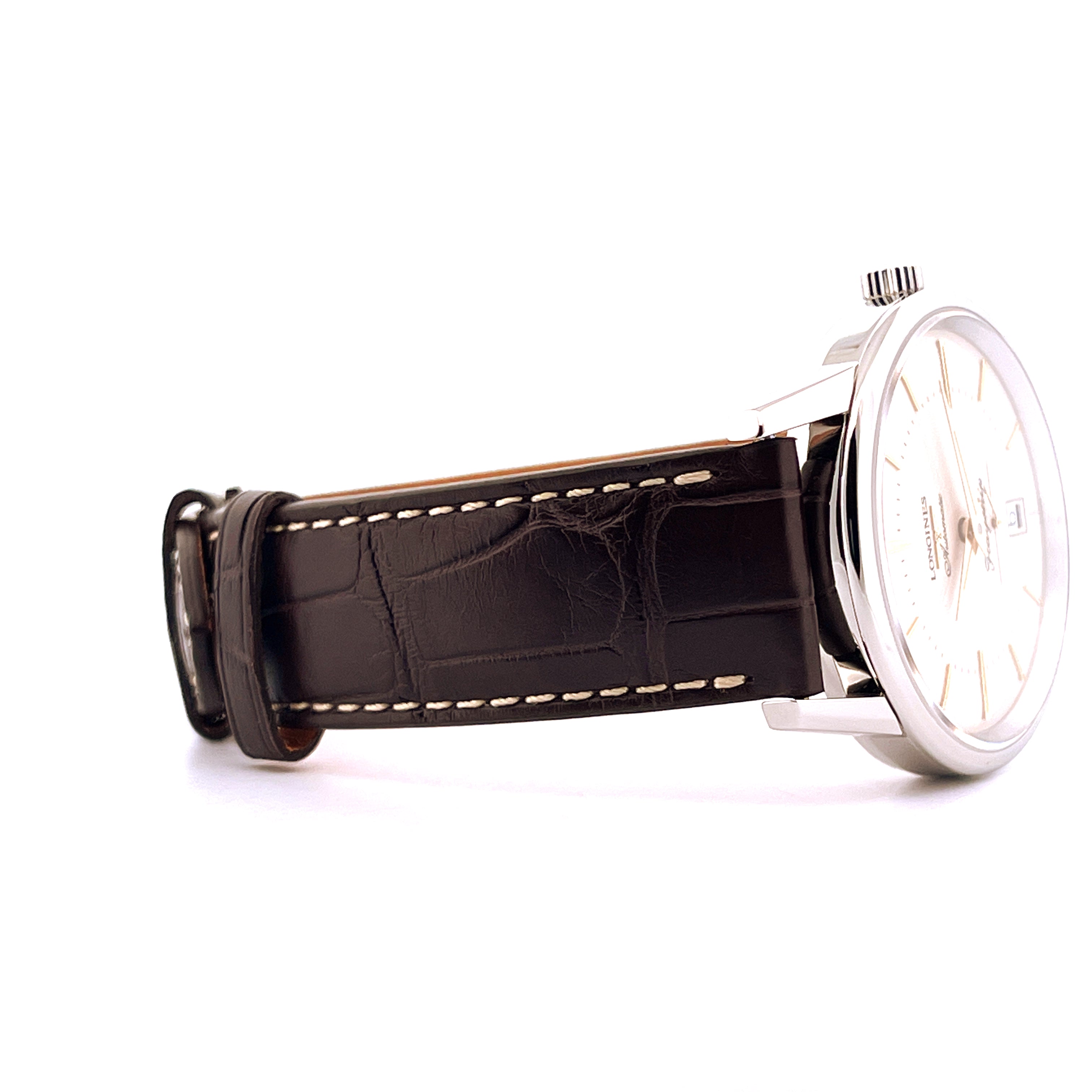 Longines Flagship Heritage Automatik Uhr mit braunem Kroko-Lederarmband im Seitenprofil