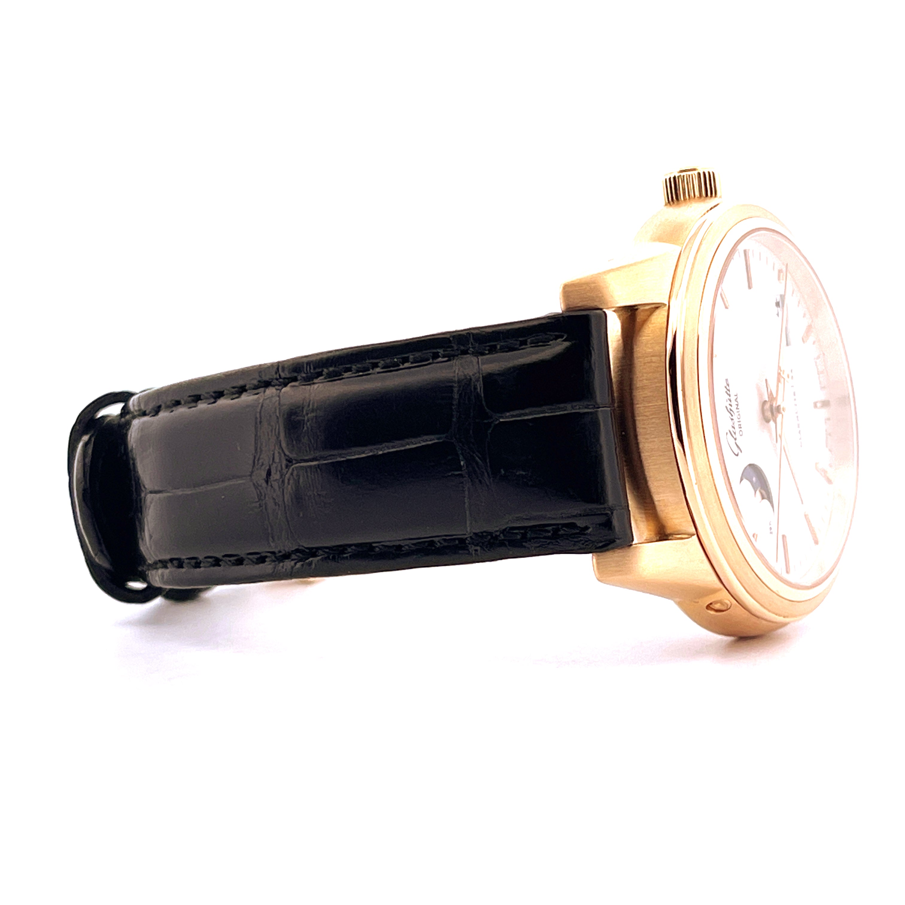 Glashütte Original Senator Moonphase Roségold mit schwarzem Lederarmband Seitenansicht
