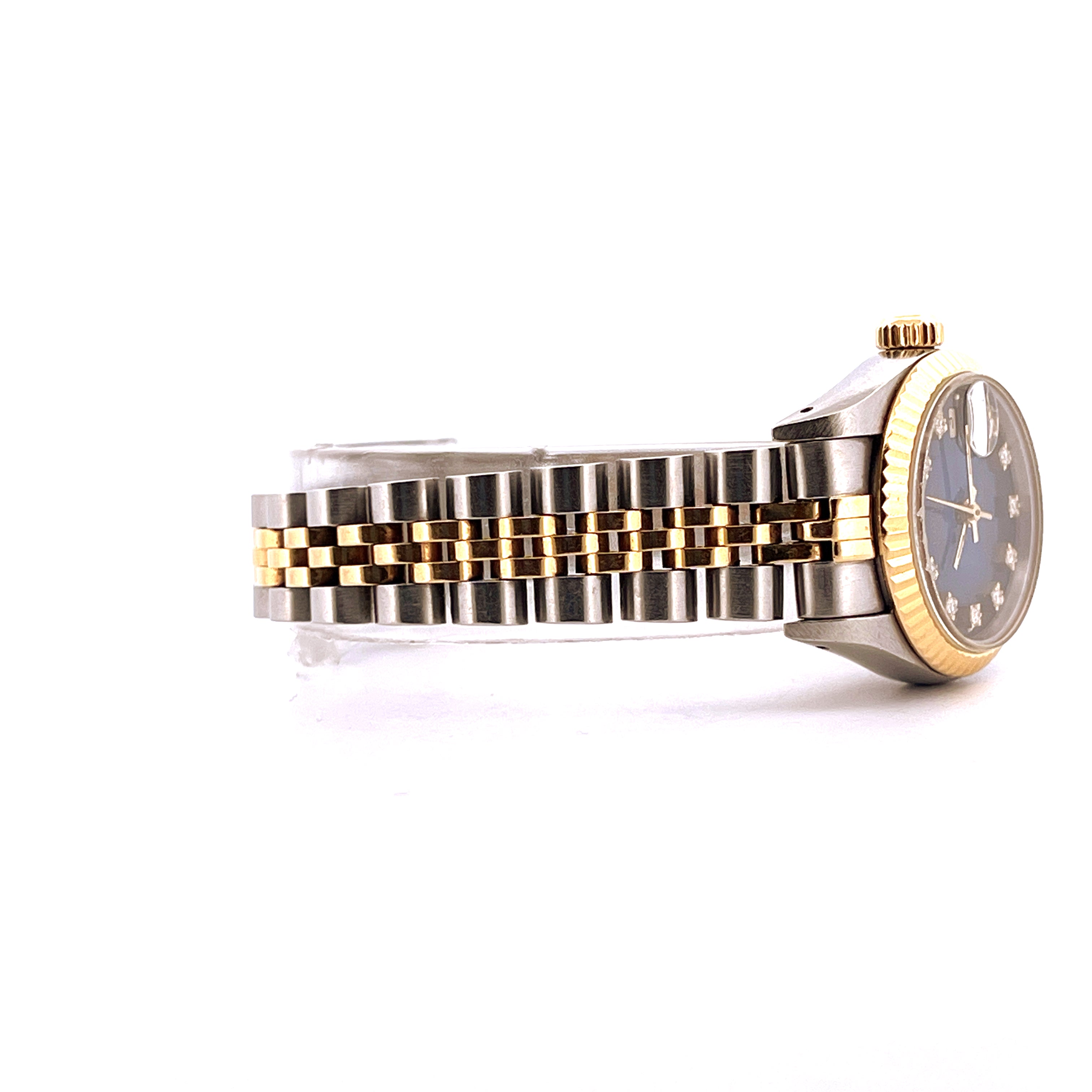Rolex Lady-Datejust 26mm Stahl/Gold mit blauem Zifferblatt und Diamanten Seitenansicht