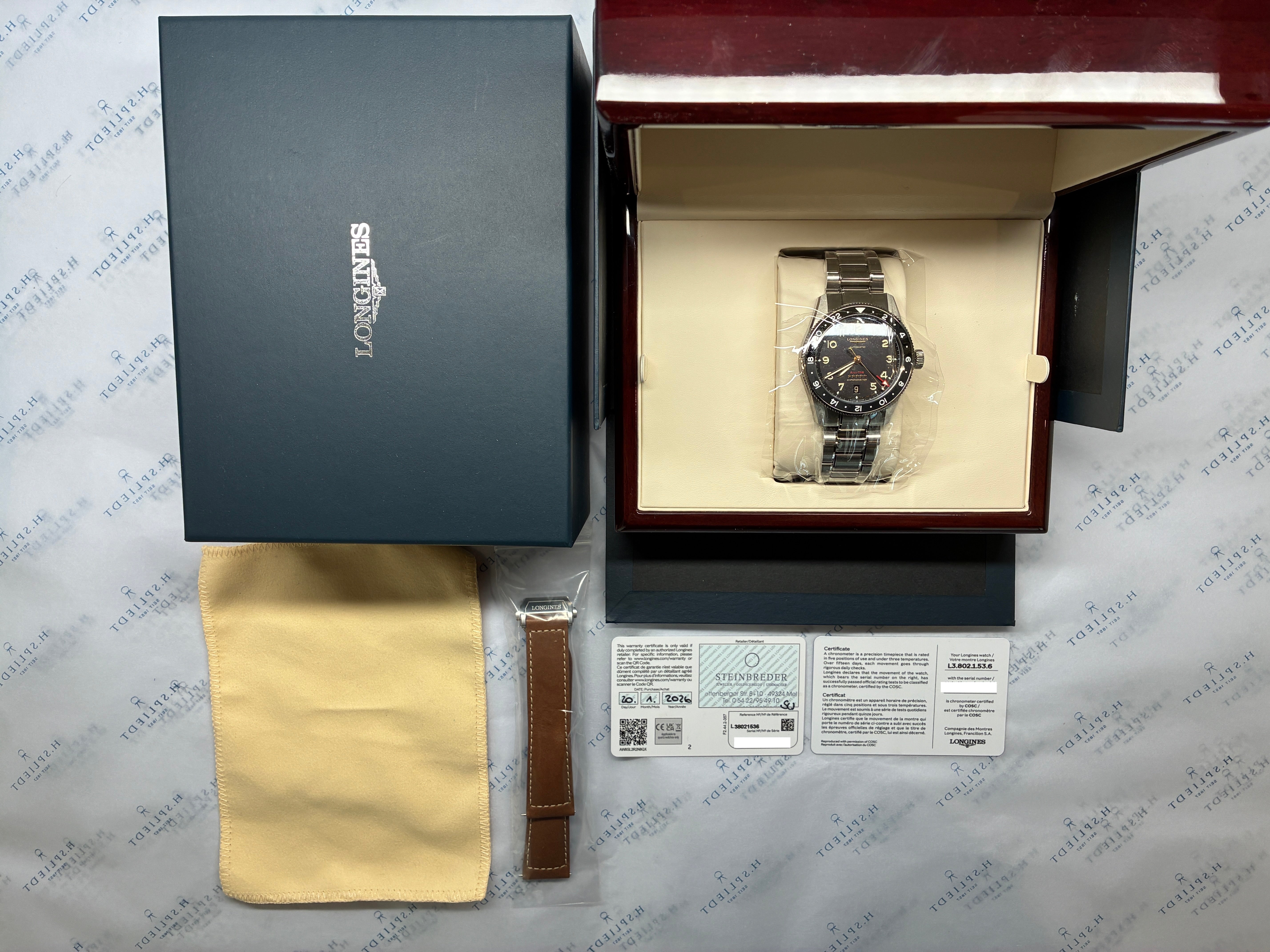 Longines Spirit Zulu Time 39mm in Box mit braunem Lederband und Zubehör