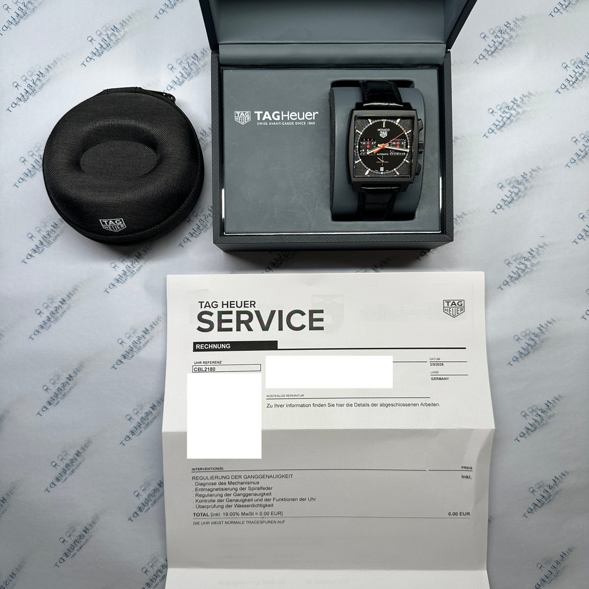 Tag Heuer Monaco "Dark Lord" Titan / Service 2026 / very good Condition / 20cm wrist size, Gesamtansicht mit Box, Unterlagen und Zifferblatt