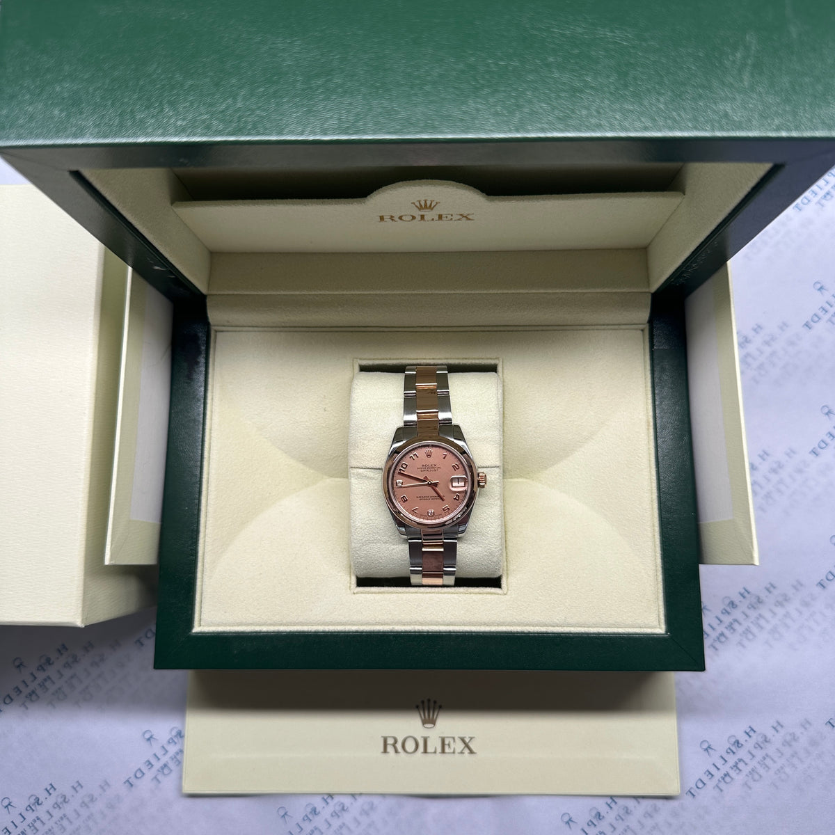Rolex Datejust 31 Two Tone Mother of Pearl / Box incl. / LC100 / 2006, Gesamtansicht mit Zifferblatt, Armband und Box