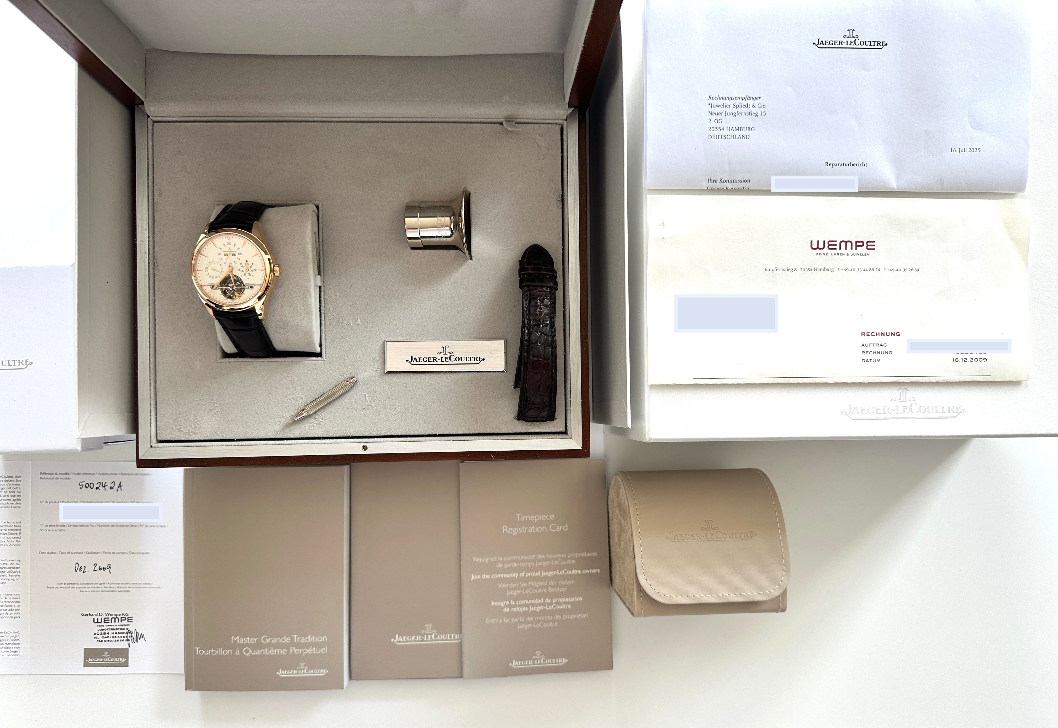 Jaeger LeCoultre Master Grande Tradition Tourbillon Perpetual Roségold-Uhr im geöffneten Luxus-Etui mit Papieren